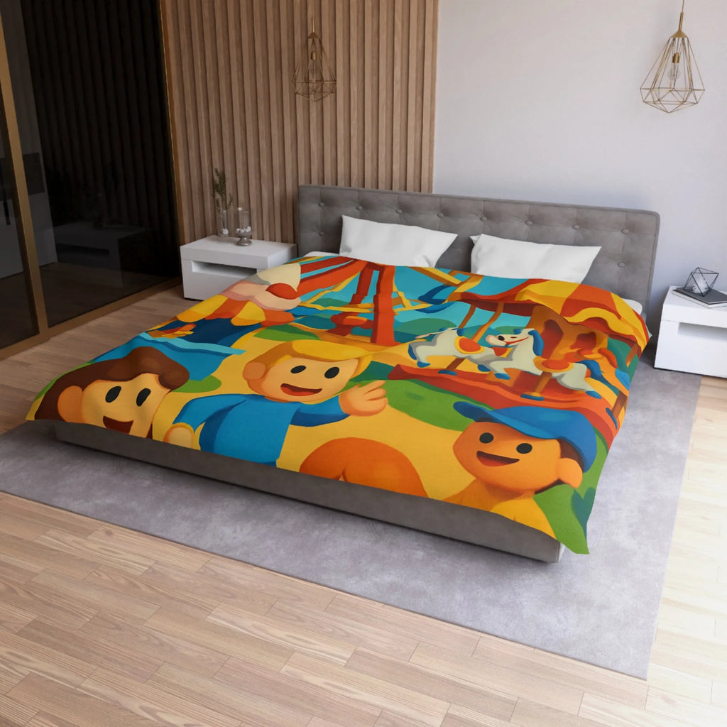 Housse de couette joyeuse avec motifs de fête foraine colorée et enfants souriants