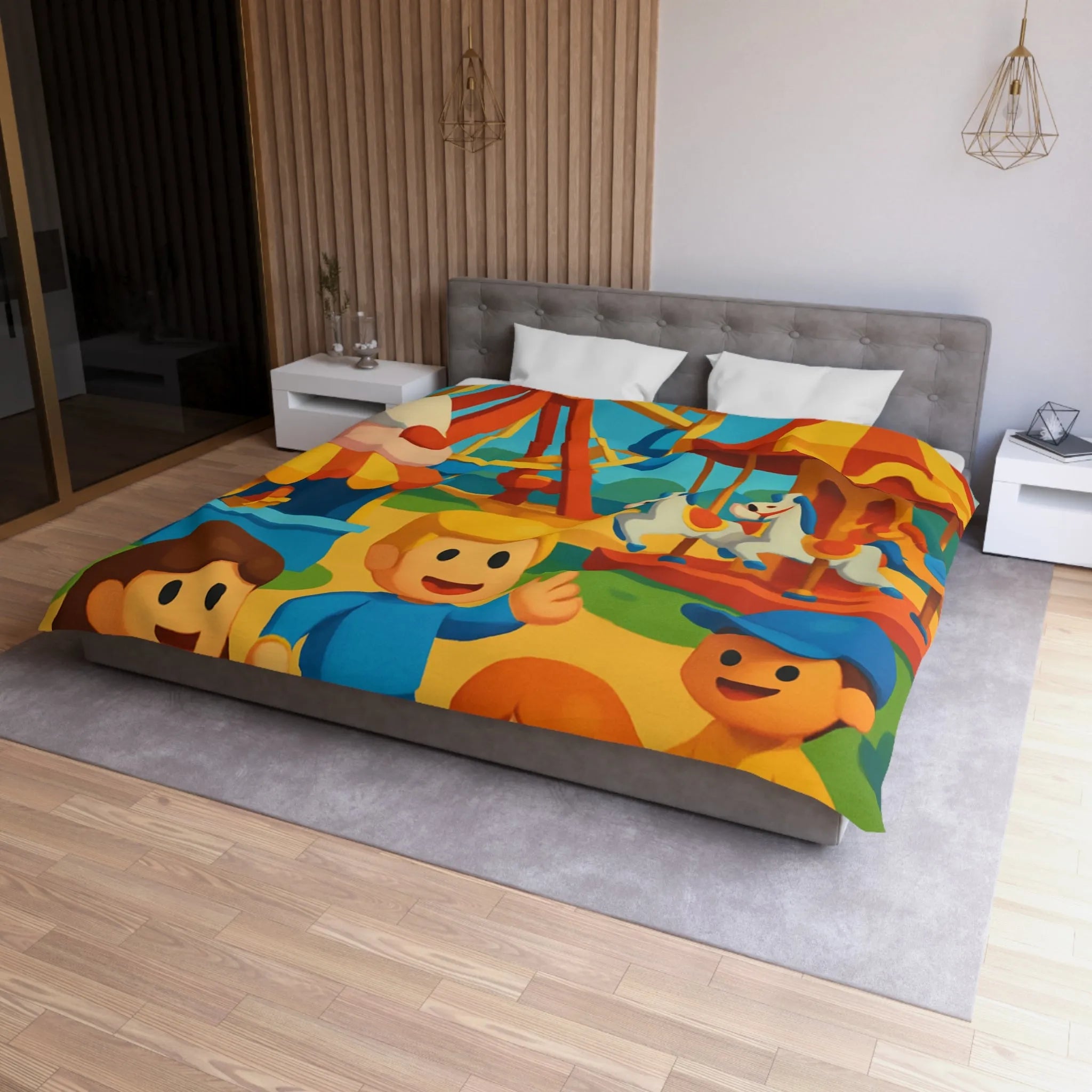 Housse de couette joyeuse avec motifs de fête foraine colorée et enfants souriants