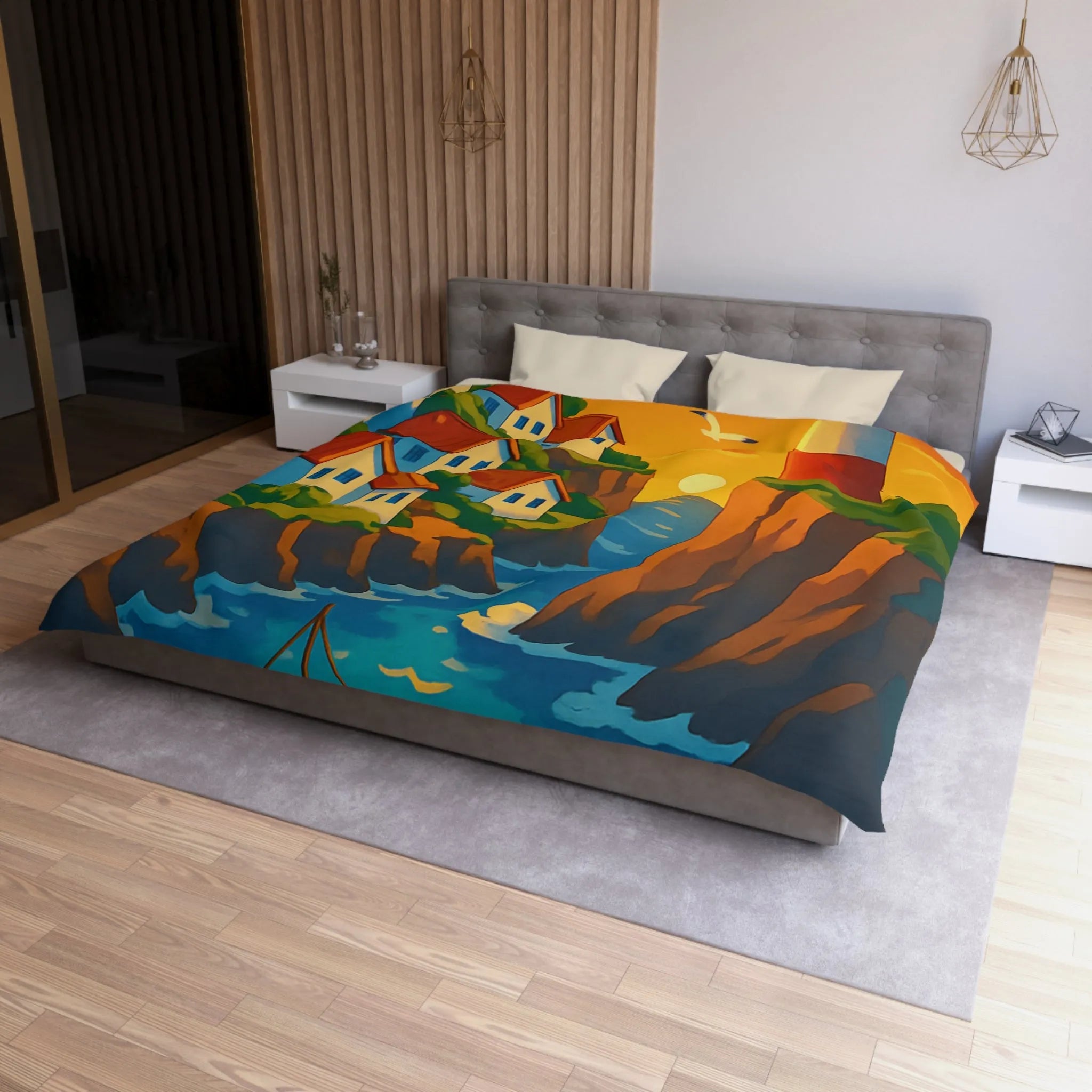 Housse de couette avec paysage côtier et phare pour chambre relaxante et colorée