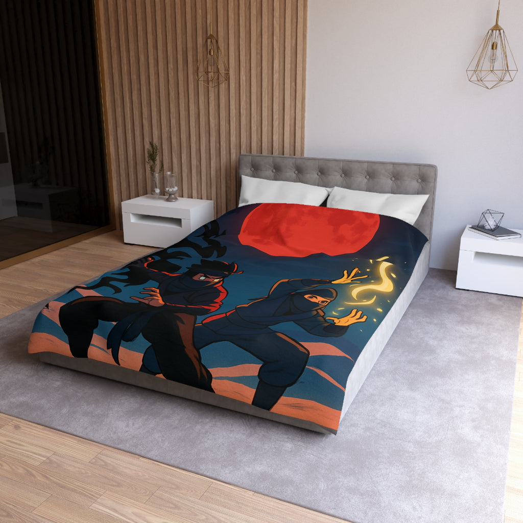 Housse de Couette Ninja avec Lune Rouge et Pouvoirs Mystiques en Fond Sombre