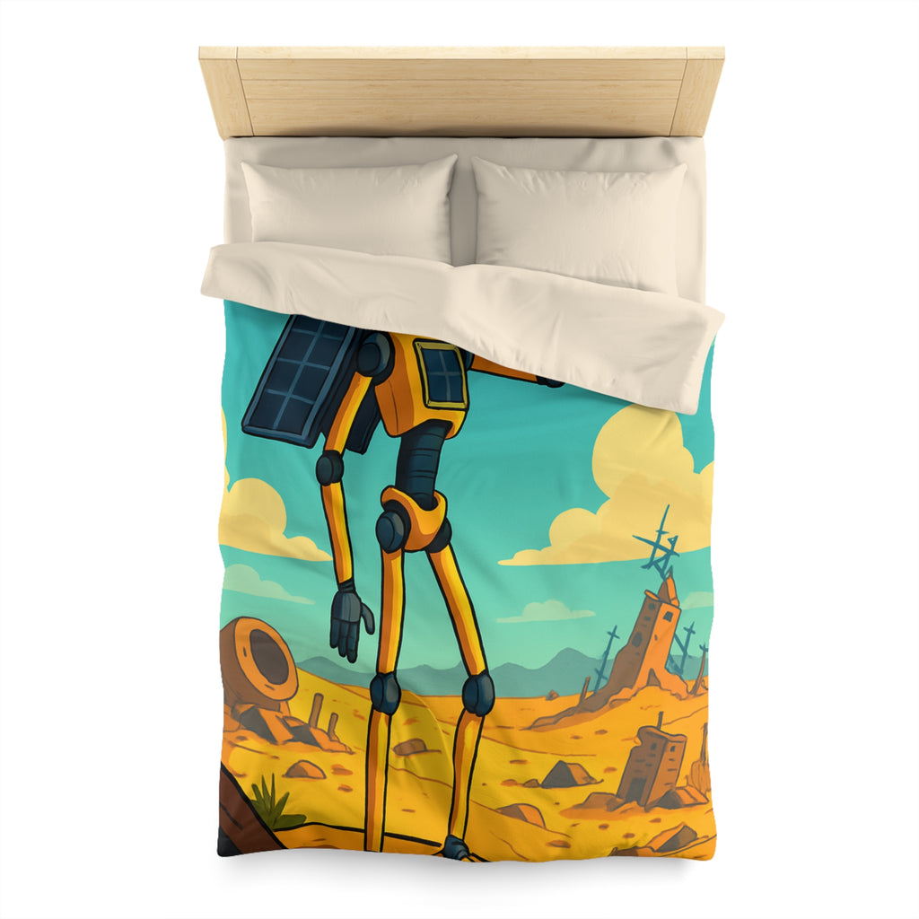 Housse de couette robot jaune explorateur dans désert post-apocalyptique avec oiseau