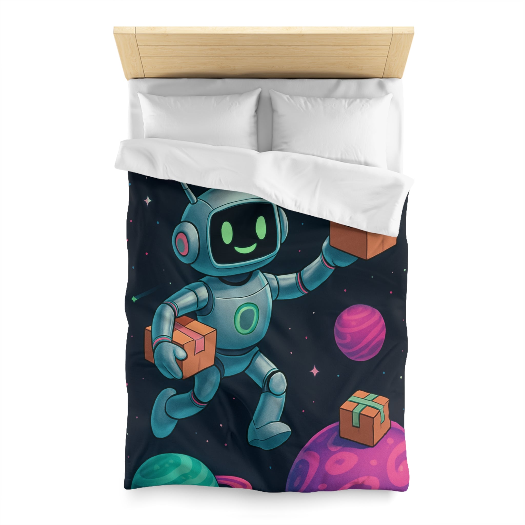 Housse de Couette Spatiale avec Robot Jovial et Planètes Colorées pour Enfants