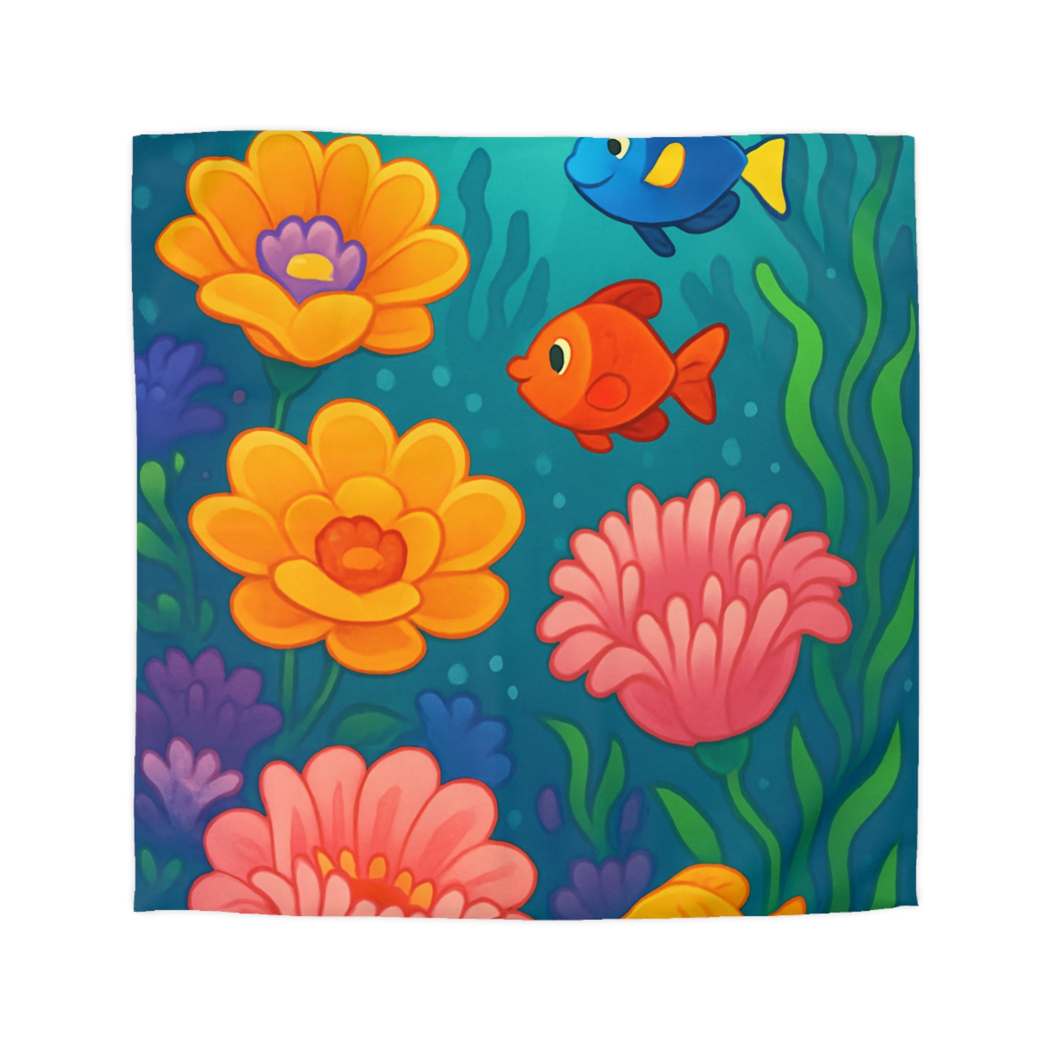 Housse de couette poissons tropicaux multicolores avec fleurs coralliennes pour chambre enfant