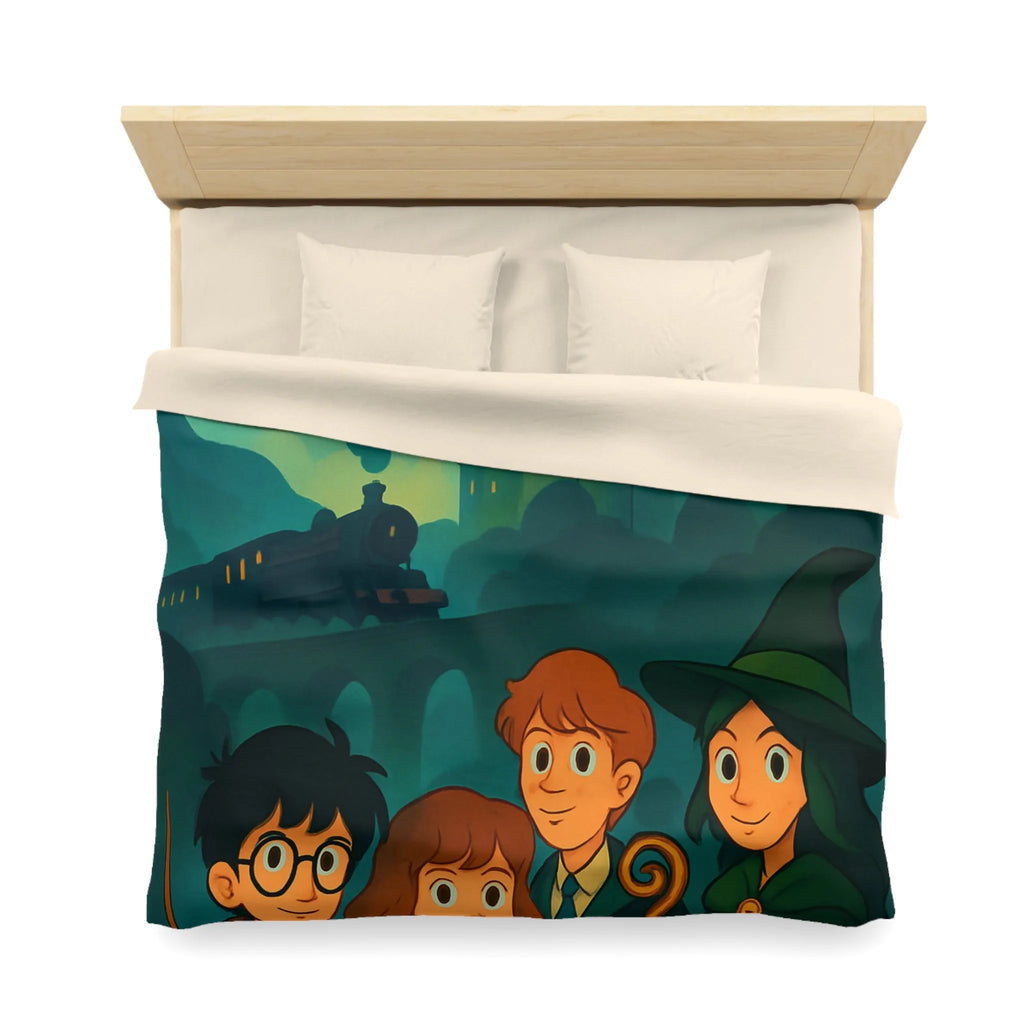 Housse de couette magique avec château et étudiants en sorcellerie dans une forêt enchantée