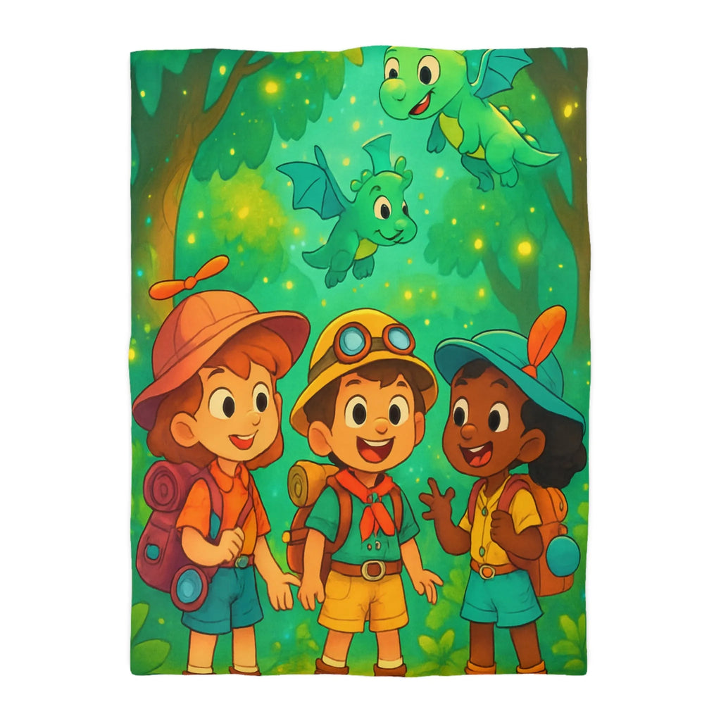 Housse de couette enfants aventure forêt avec dragons et jeunes explorateurs joyeux