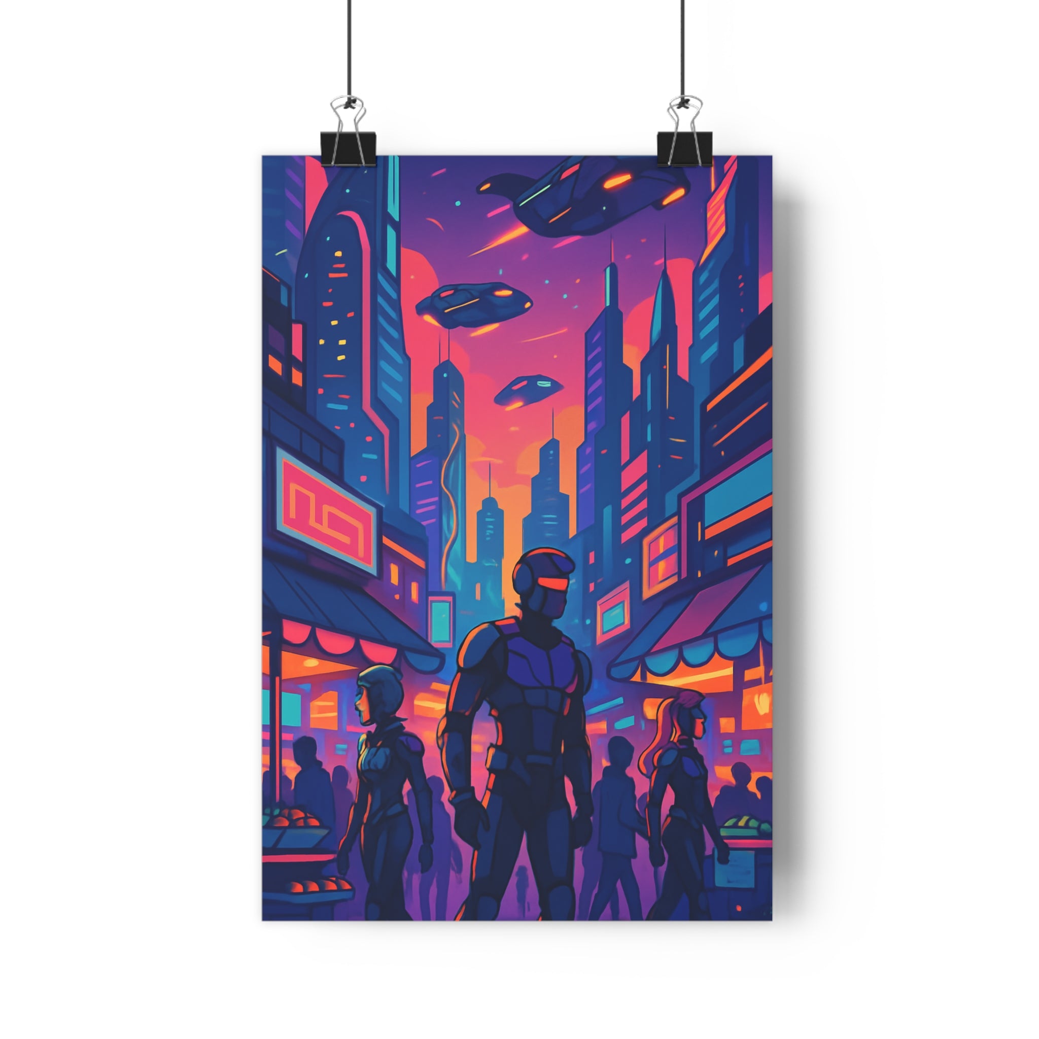 Poster décoratif cyberpunk vibrant violet orange salon chambre futuriste dynamique captivant néons immersif urbain