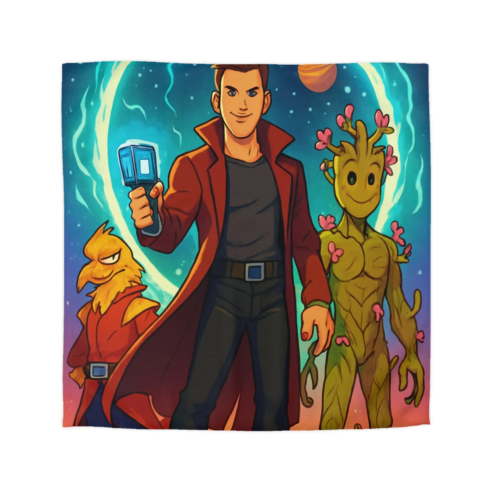 Housse de couette espace avec personnages héroïques colorés et univers rétro futuriste