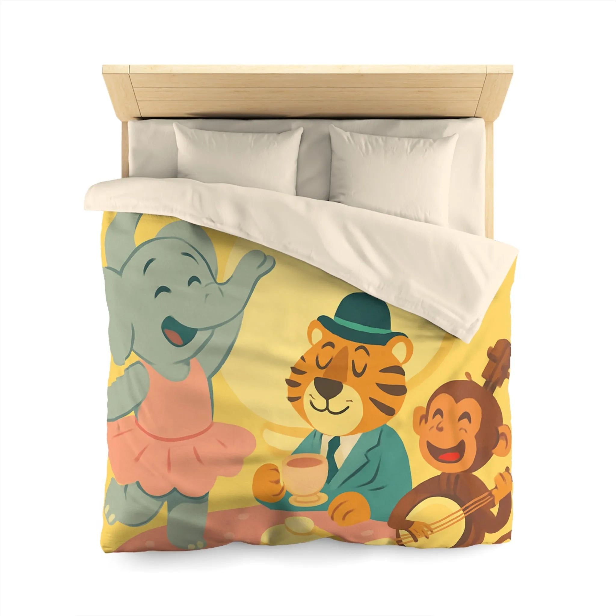 Housse de couette enfantine colorée avec éléphant, tigre et singe en fête joyeuse
