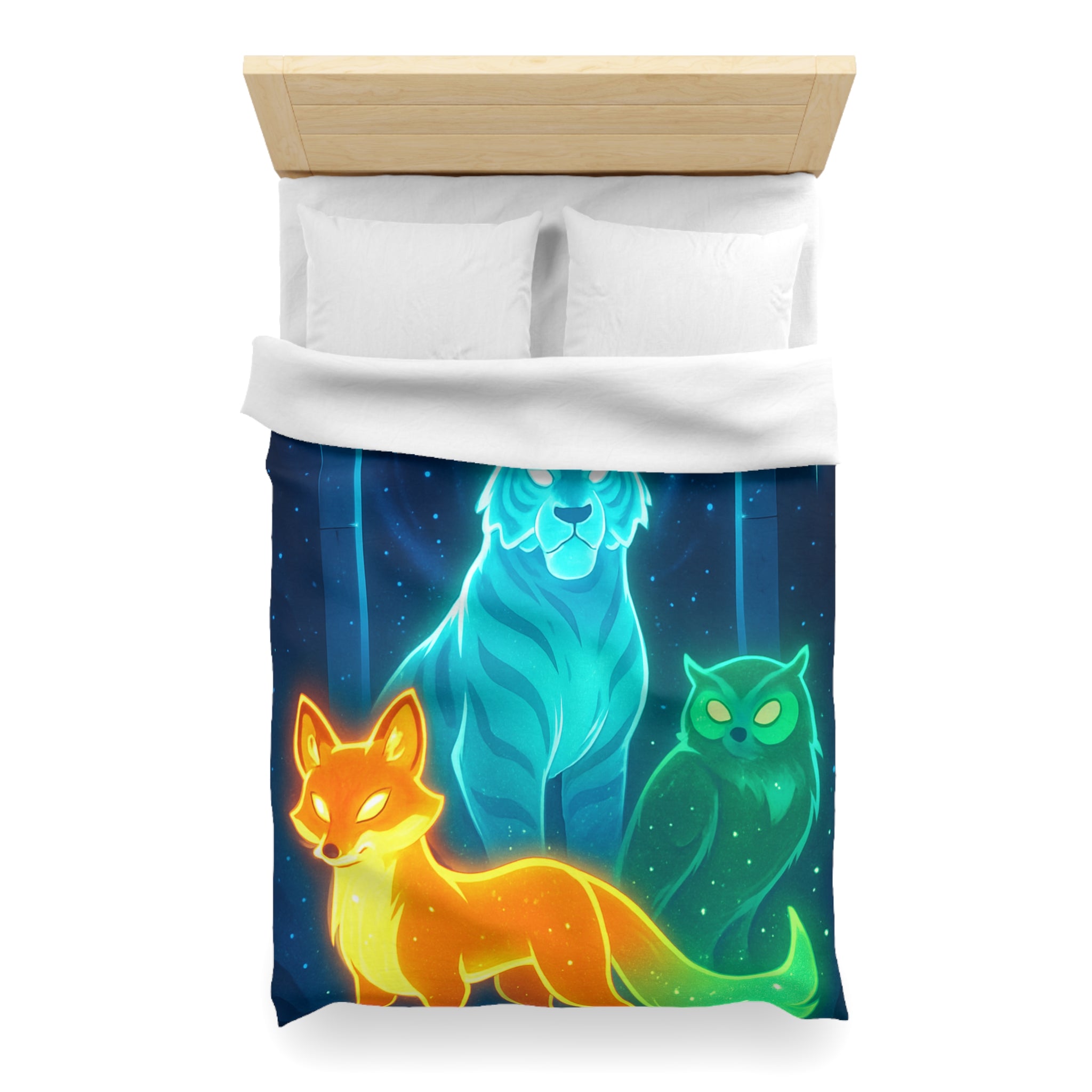 Mystérieuse housse de couette avec renard orange, tigre bleu, et hibou lumineux