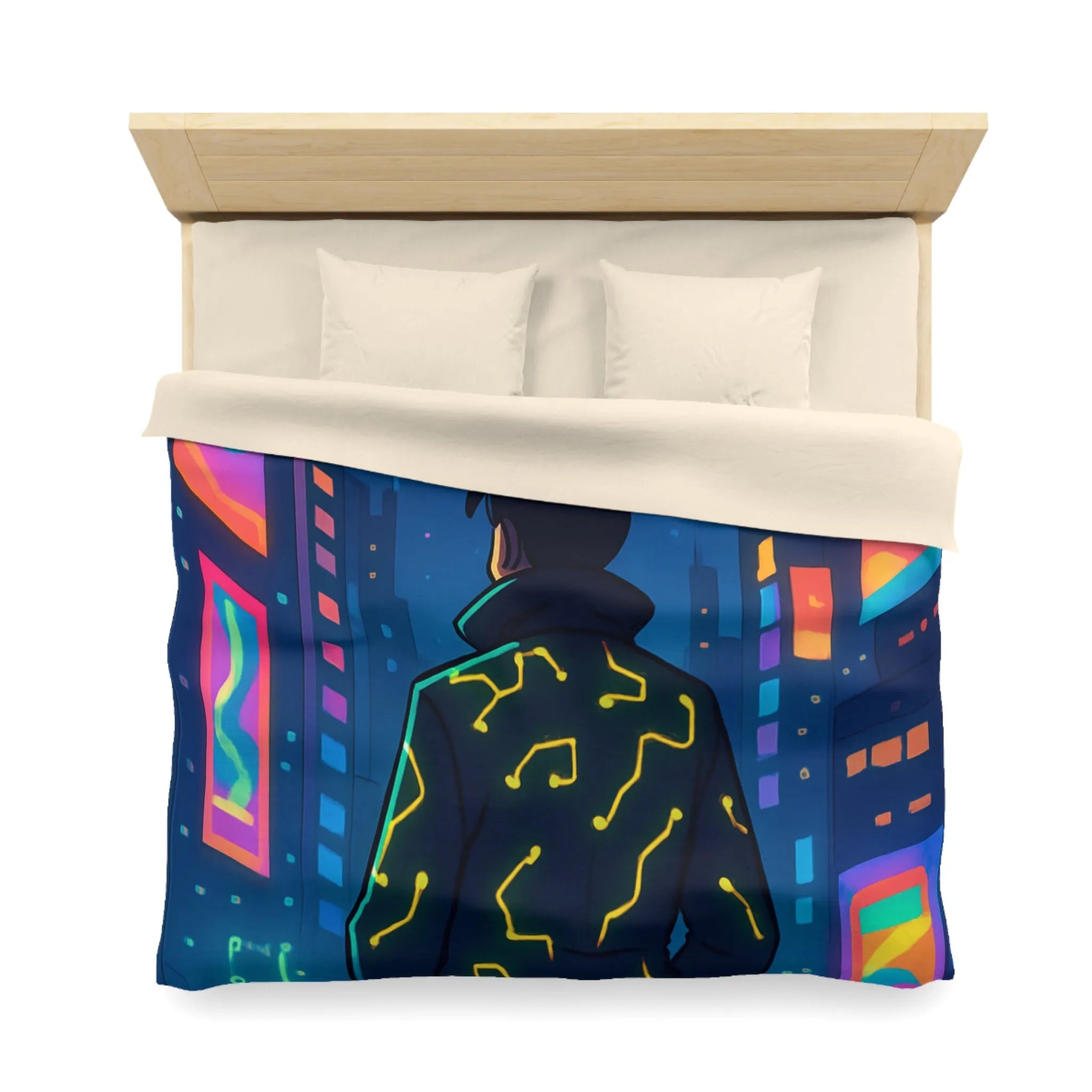 Housse de couette futuriste avec affichage numérique néon dans une ville cyberpunk