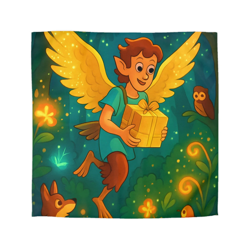 Housse de couette illustrant une créature ailée enchantée apportant un cadeau magique lumineux