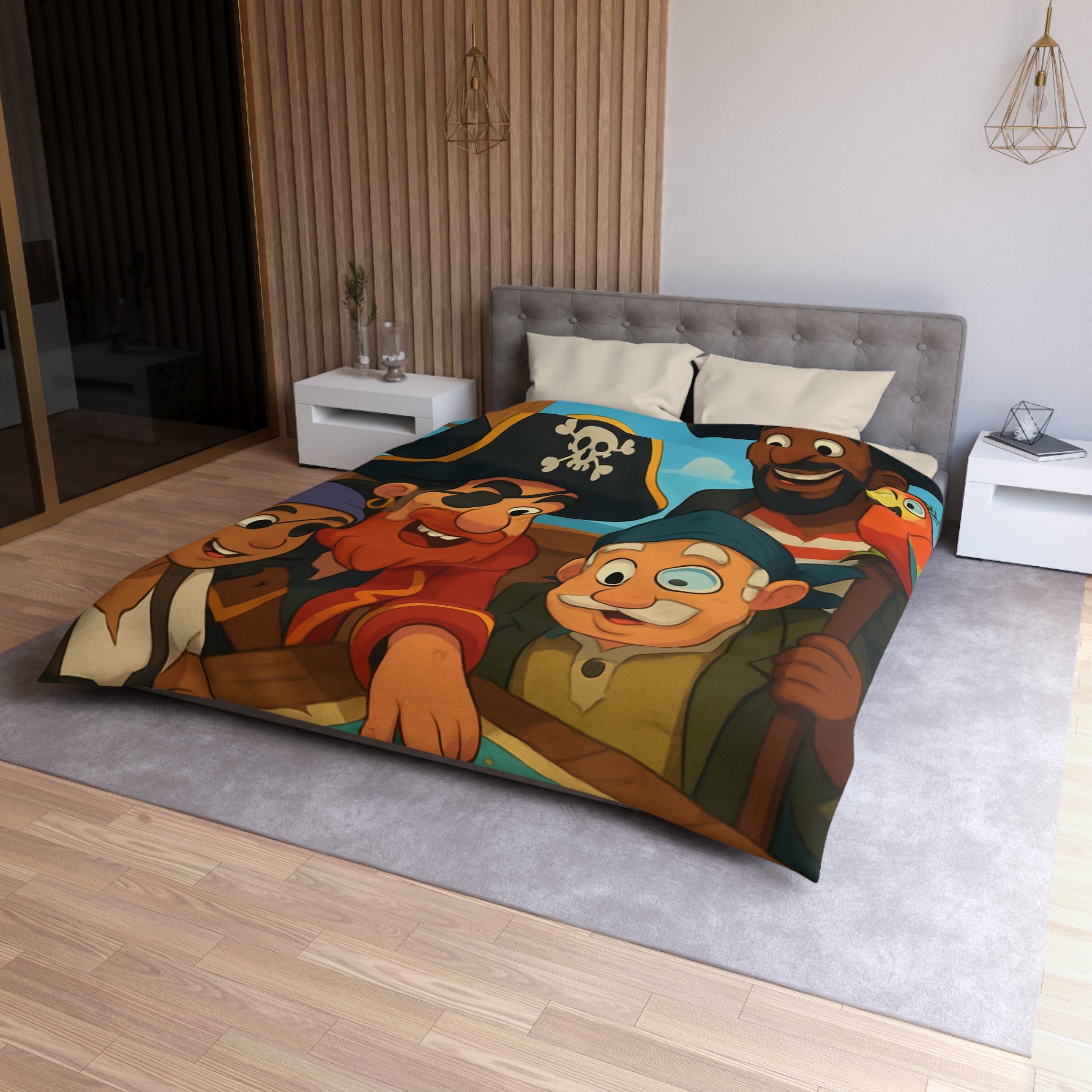 Housse de couette pirate colorée avec carte au trésor et équipage amical joyeux