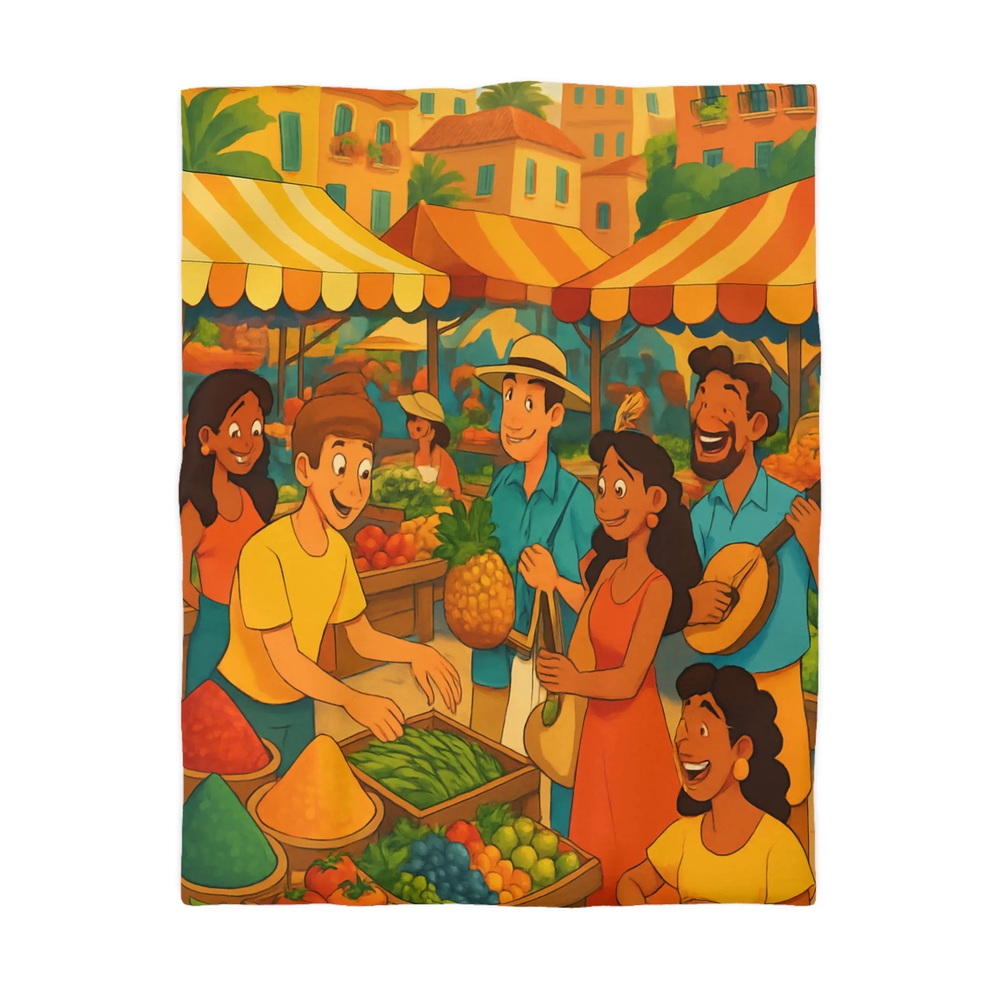 Housse de couette illustrant marché animé avec couleurs chaudes et ambiance festive