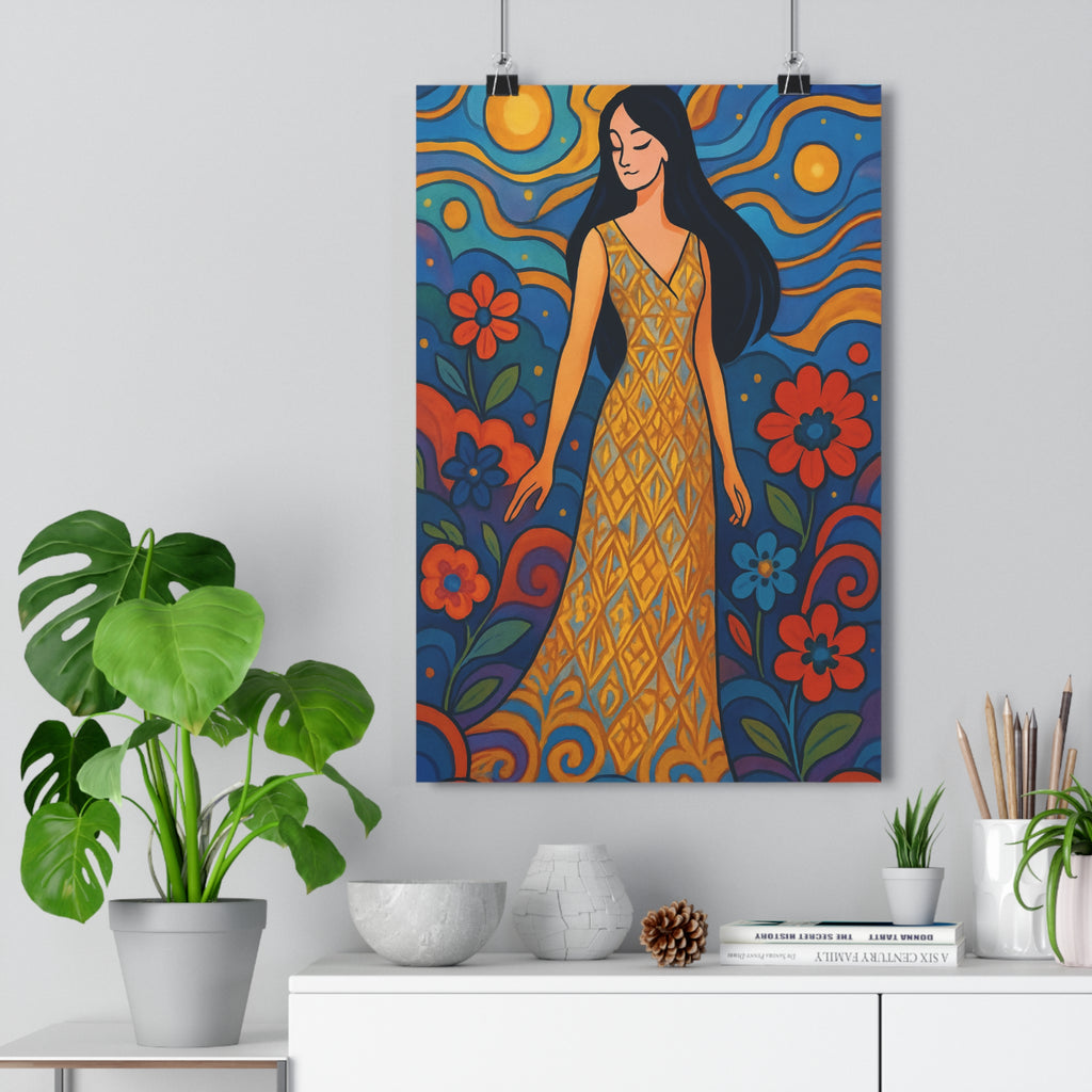 Poster décoratif art nouveau doré rouge bleu élégant animé rêveur chambre salon bureau artistique