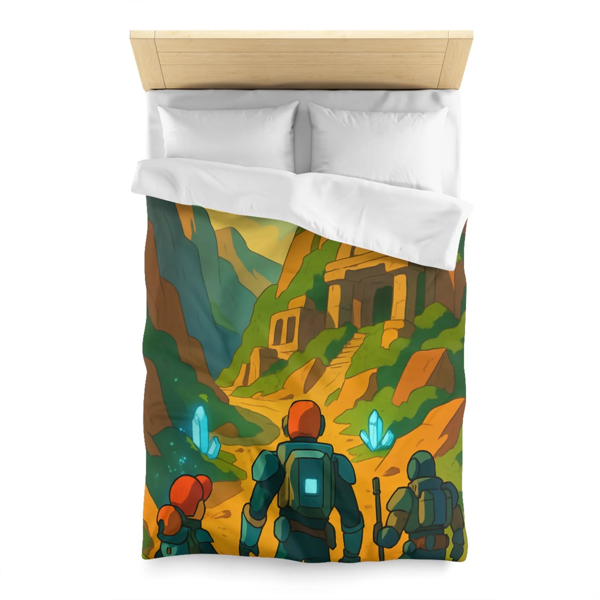 Housse de couette aventure futuriste espace, paysage montagne, explorateurs, vaisseaux et cristaux bleus