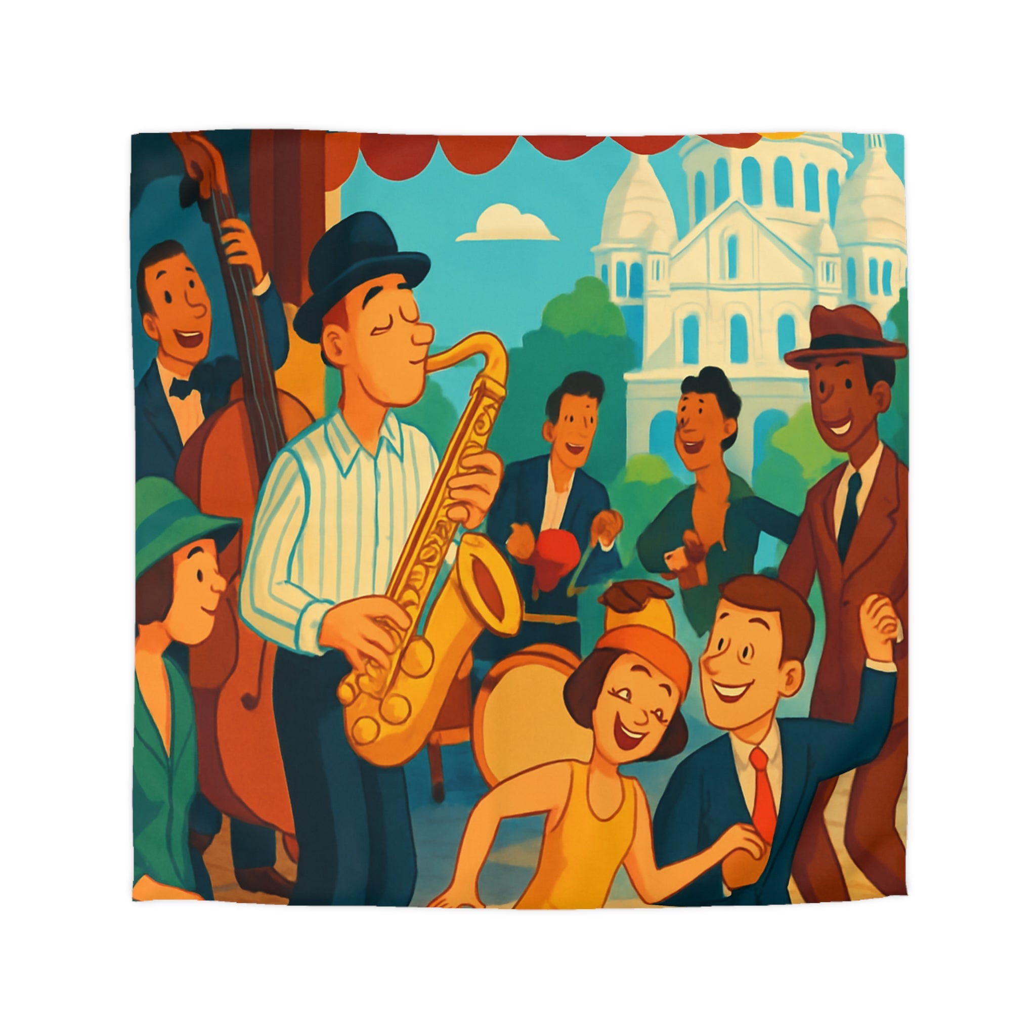 Housse de couette vintage avec scène de musique jazz animée et danse joyeuse