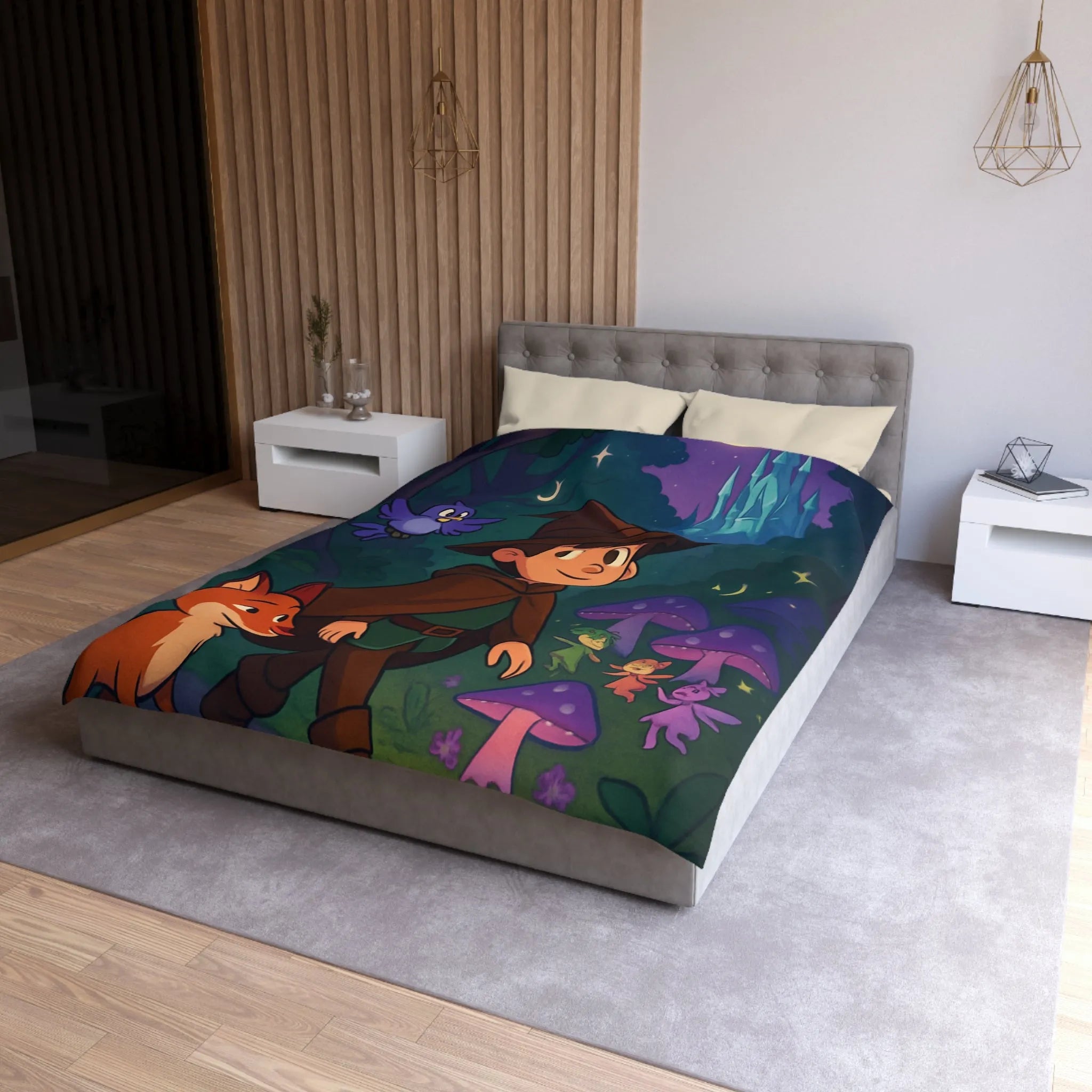 Enchantement de Forêt Nocturne : Magicien et Compagnons Animaux avec Champignons Magiques