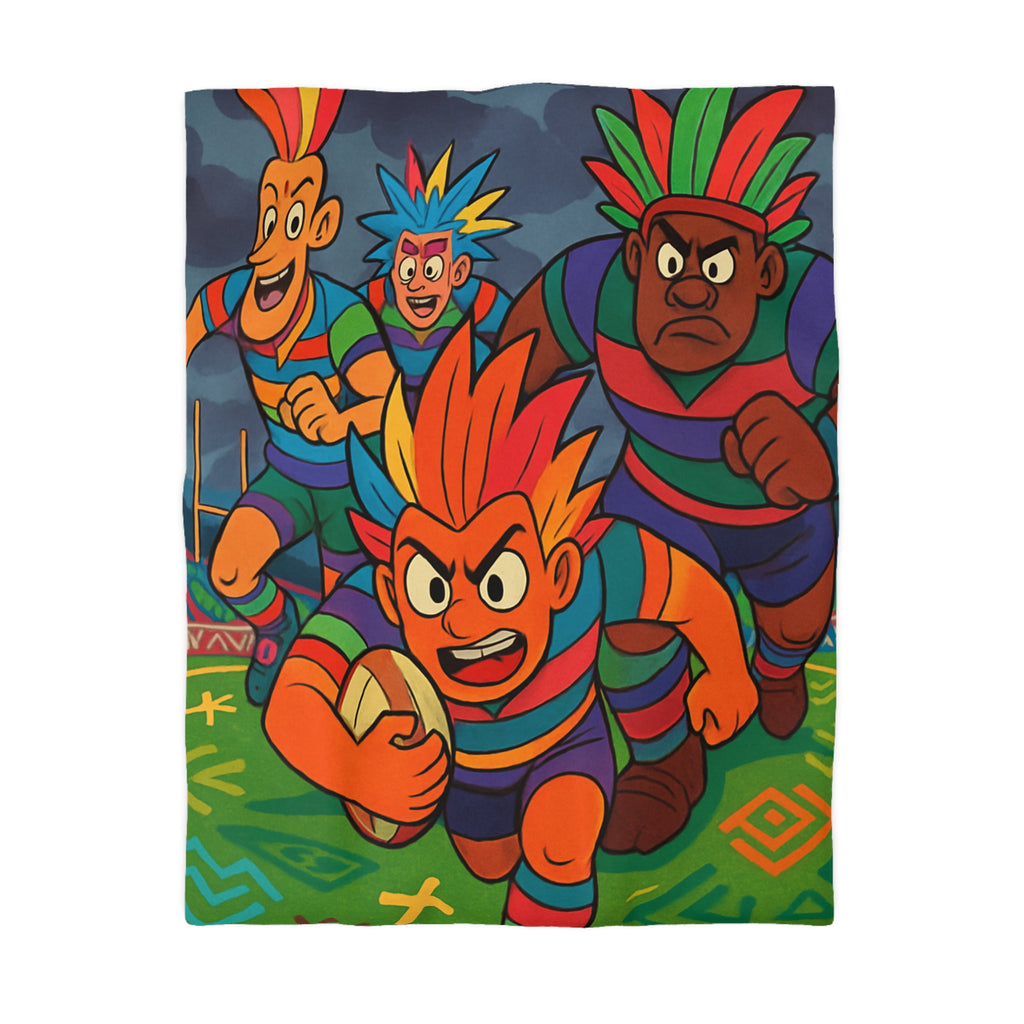 Parure de lit colorée avec joueurs de rugby en style bande dessinée pour enfant