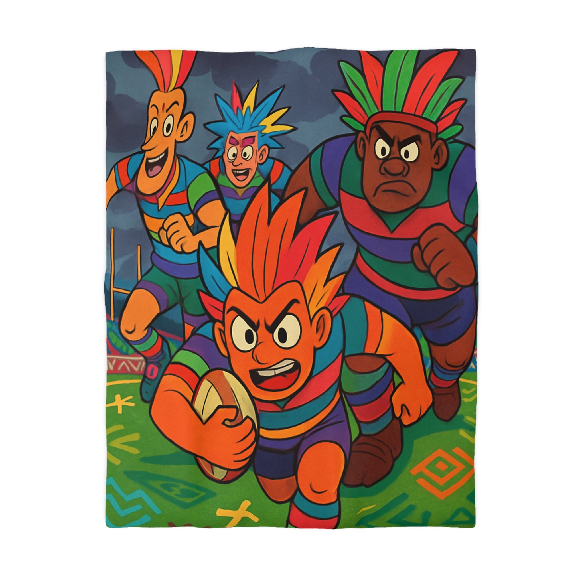 Parure de lit colorée avec joueurs de rugby en style bande dessinée pour enfant