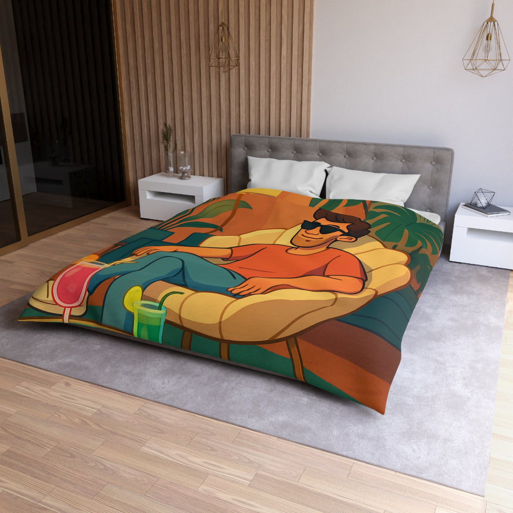 Housse de Couette Tropicale Design Moderne avec Feuilles et Boissons Colorées Style Rétro