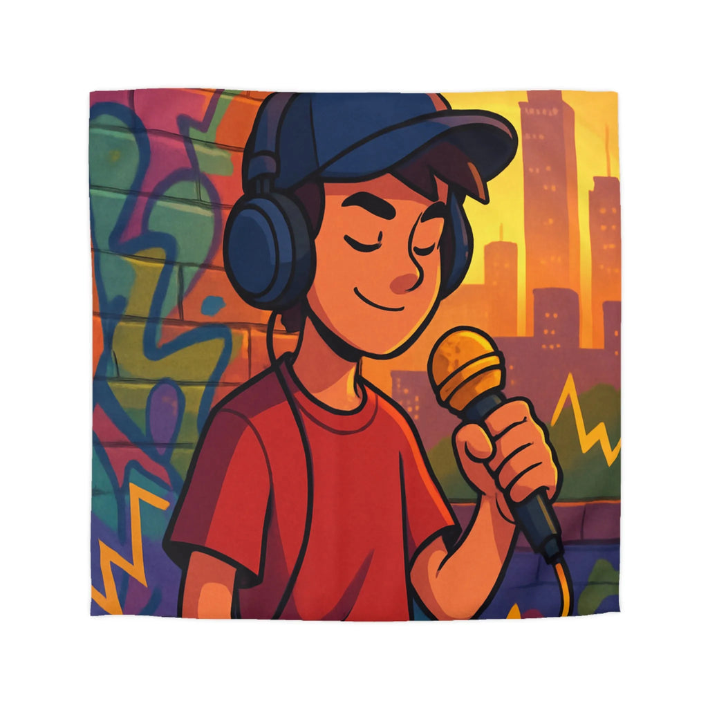 Housse de couette graphique urbaine avec chanteur et microphone sur fond coloré