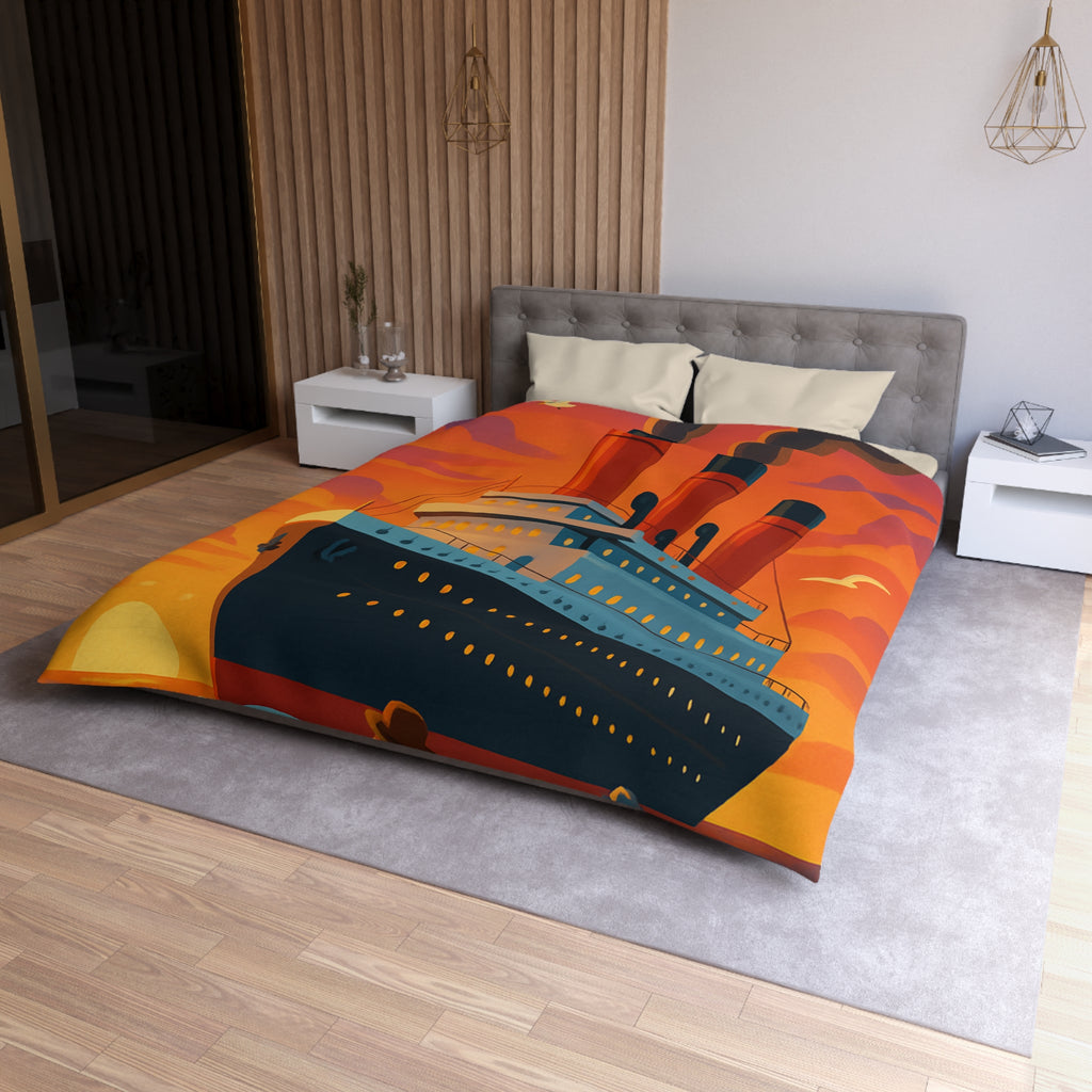 Superbe housse de couette avec paquebot vintage sous un coucher de soleil flamboyant