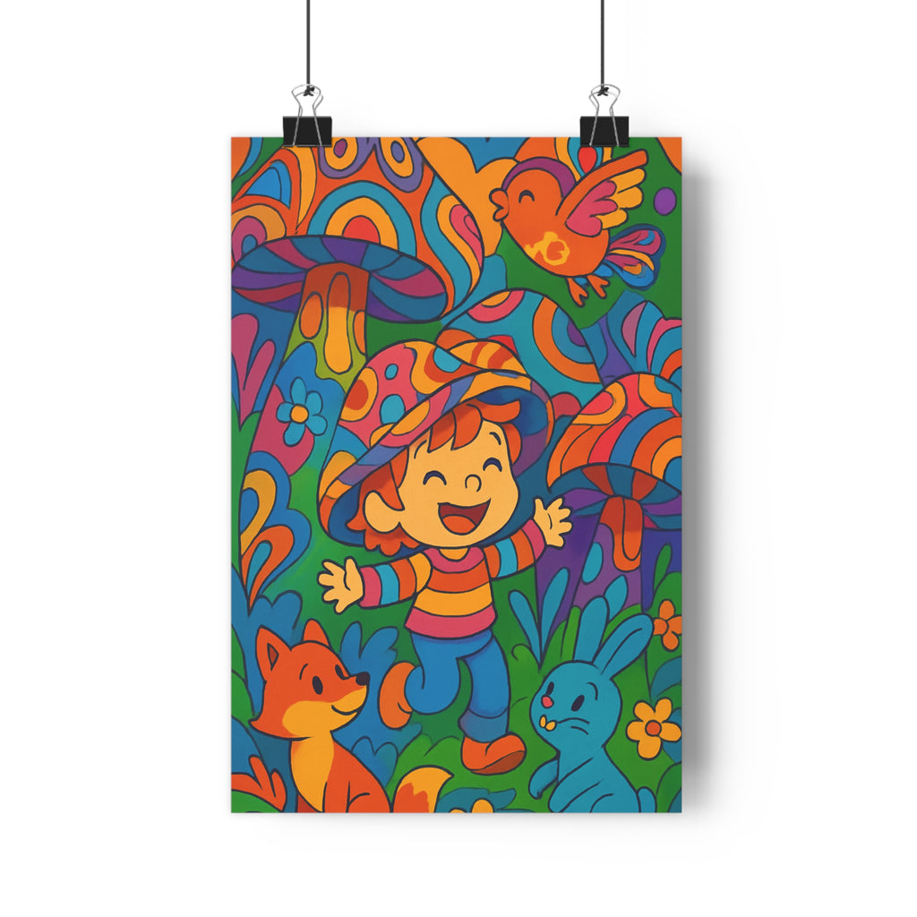 Poster décoratif enfant forêt coloré animaux cartoon rétro joyeux chambre nature orange bleu rose