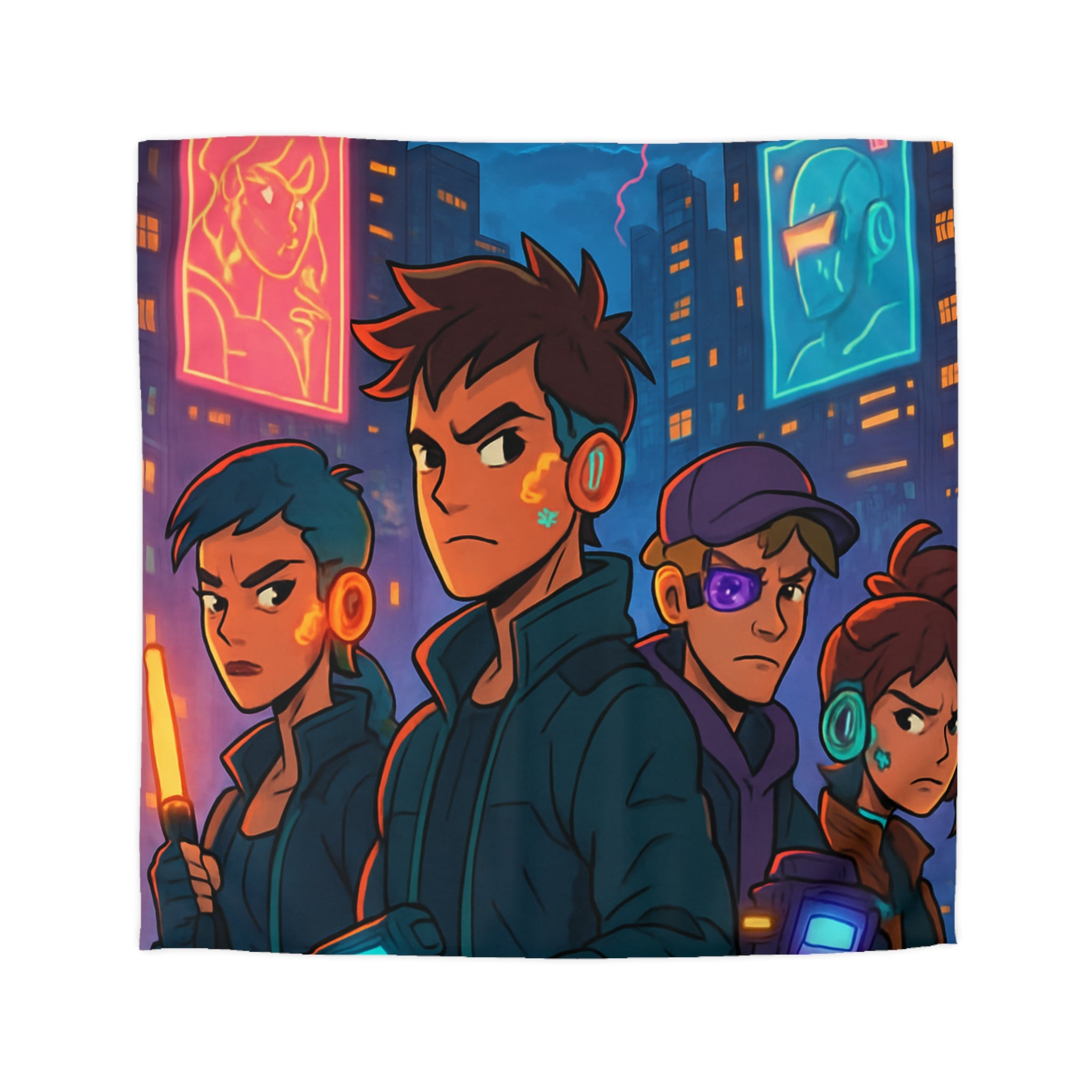 Housse de couette style rétro futuriste avec scène urbaine néon et personnages cyberpunk