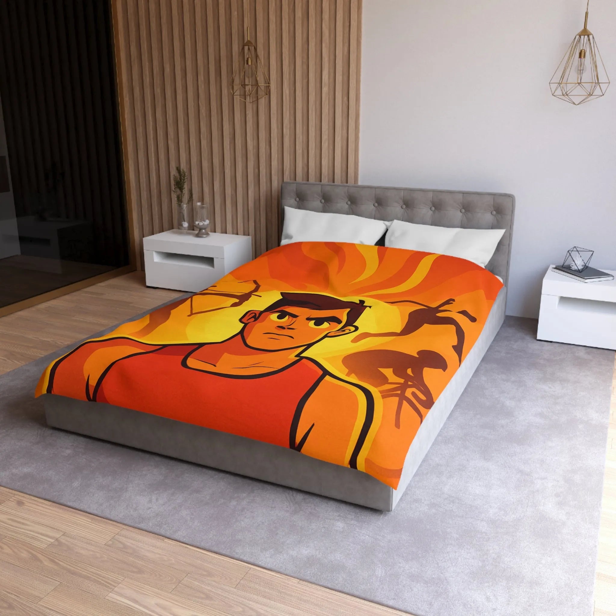 Housse de couette dynamique orange avec motifs sportifs et personnages déterminés en action