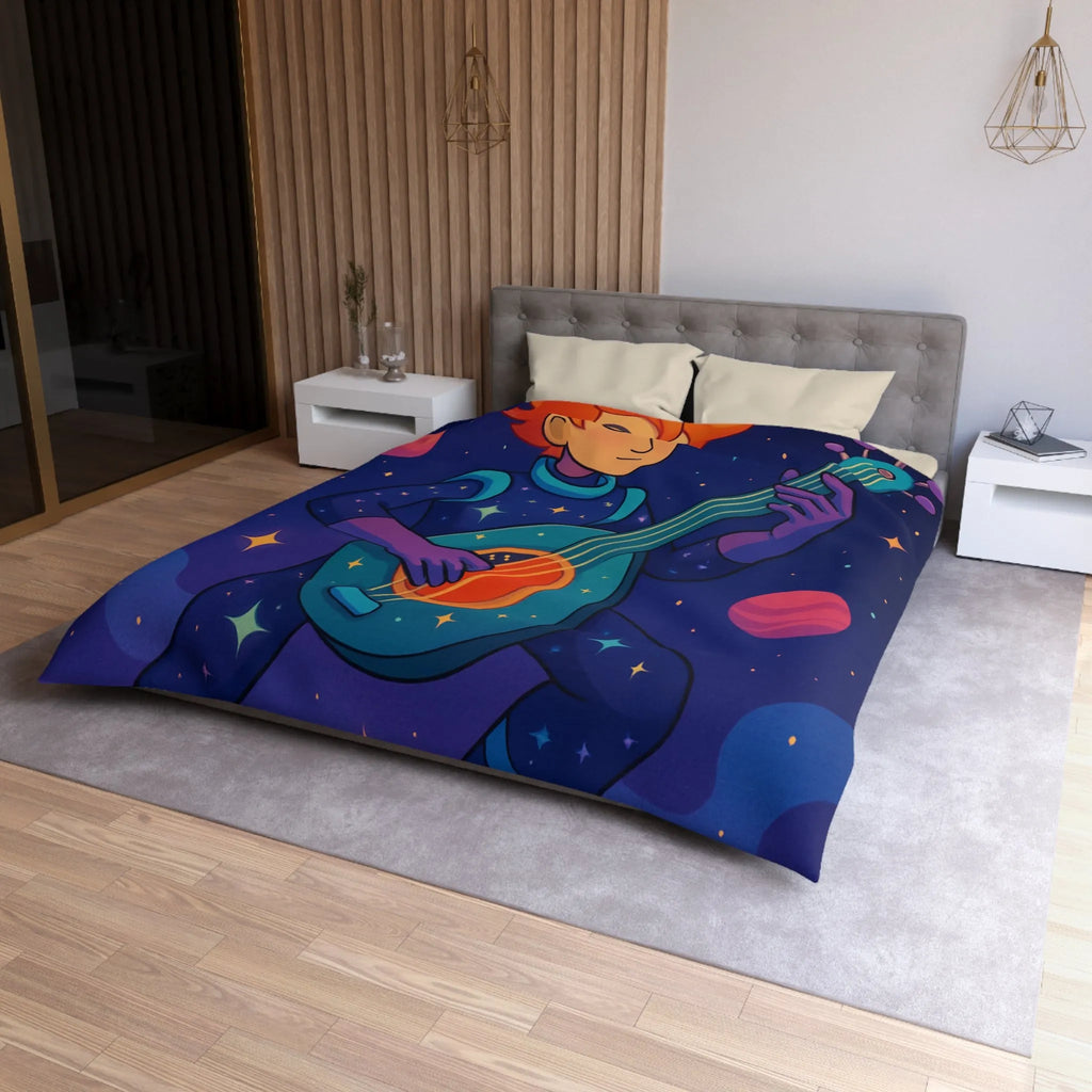 Housse de couette artistique espace avec musicien, planètes et comète colorée