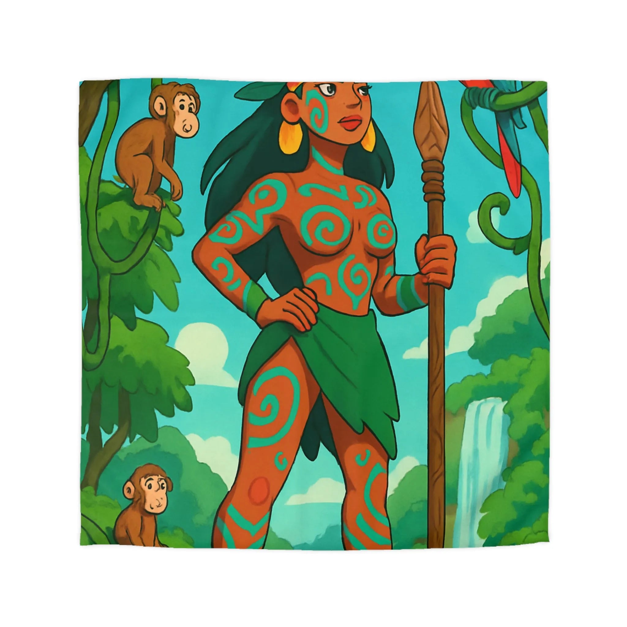 Housse de couette jungle exotique avec guerrière, perroquet et singes colorés vibrants