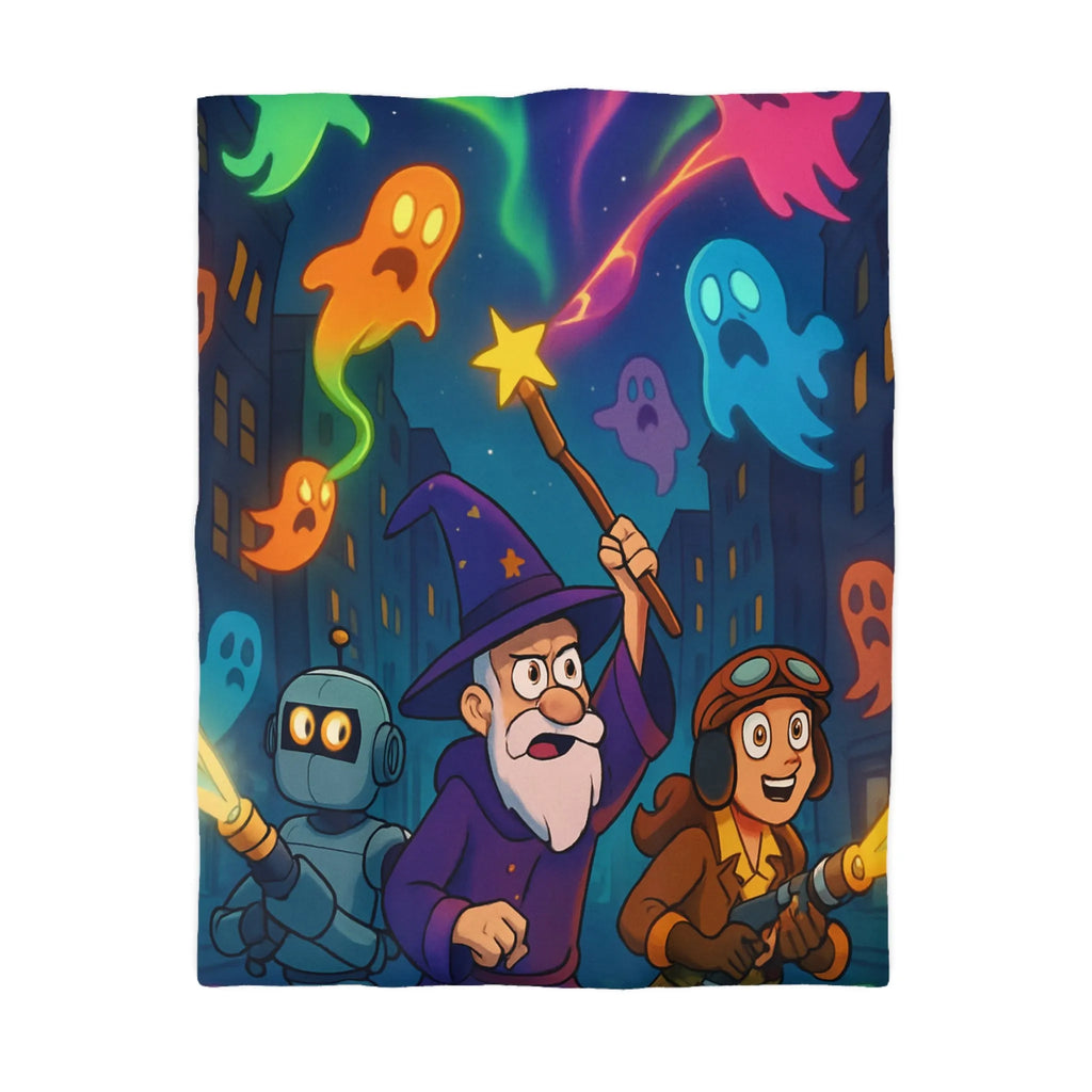 Housse de couette magique avec fantômes colorés, sorcier et robot aventureux en ville nocturne