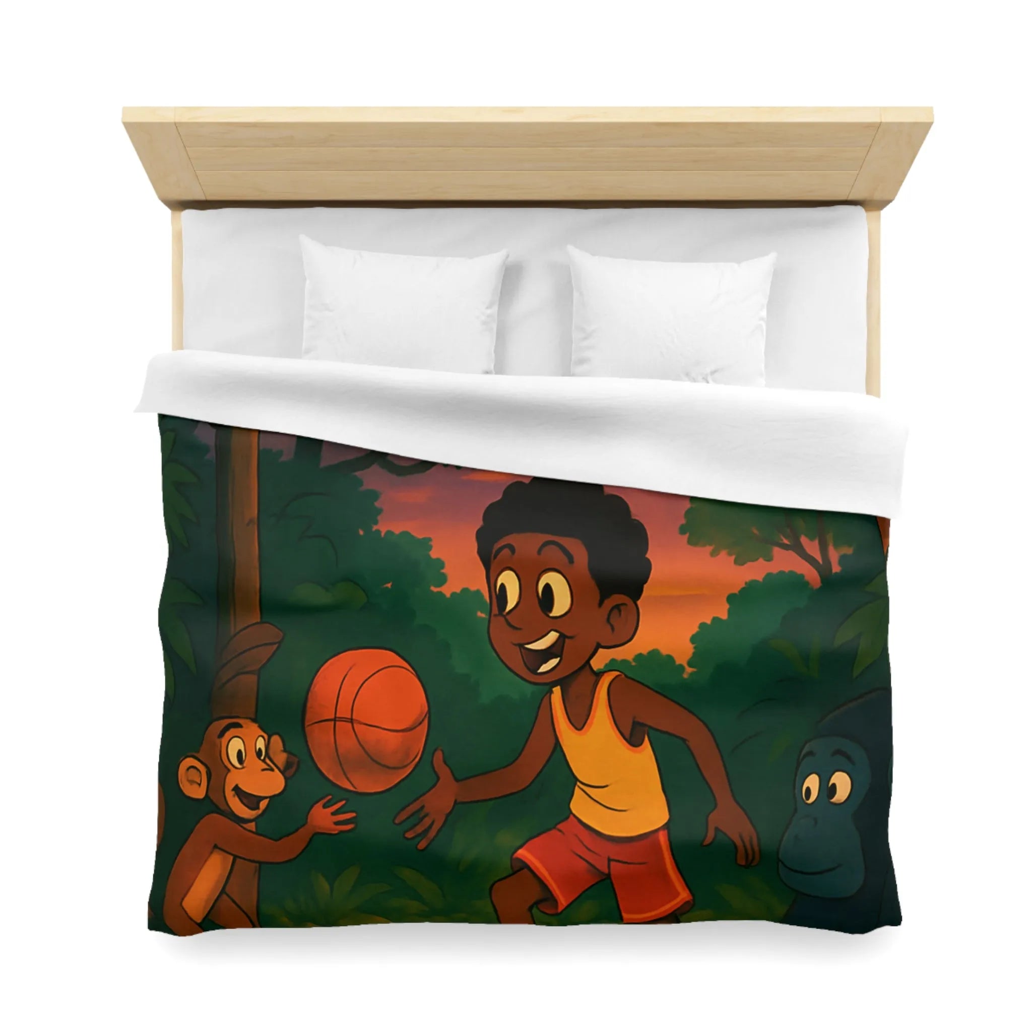 Housse de couette enfant jungle colorée avec garçon jouant au basket et animaux amusants