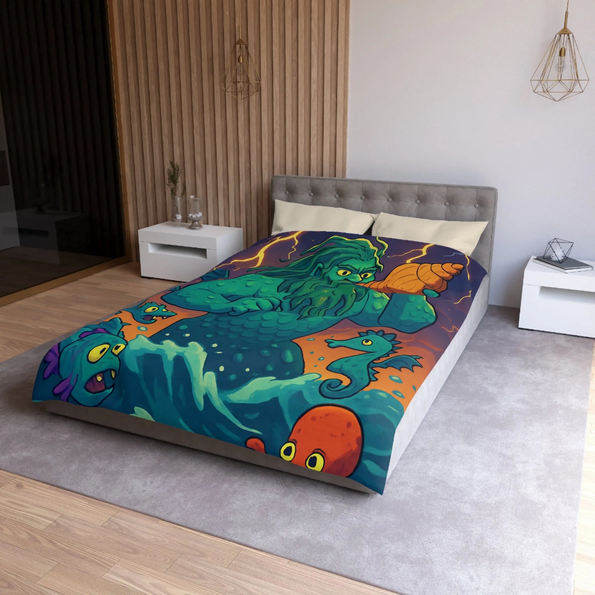 Housse de couette marine avec dessin de triton et créatures océaniques colorées enchanteurs