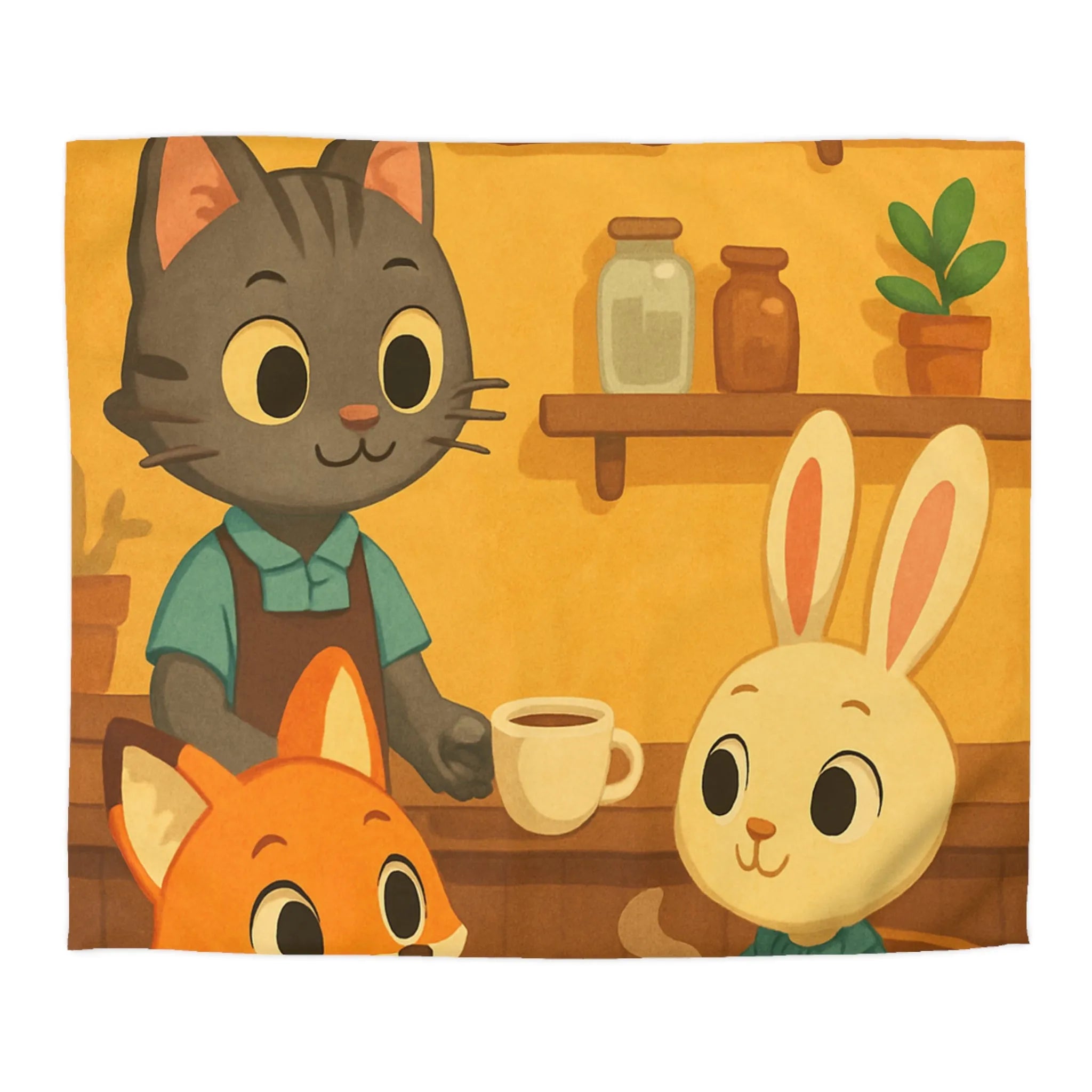 Housse de couette douce avec animaux stylisés profitant d'un café dans un café.