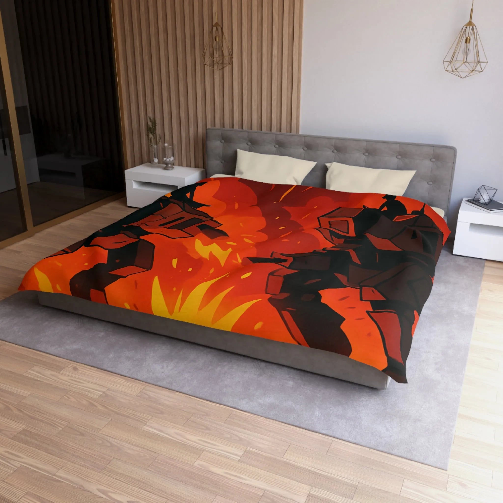 Housse de couette avec robots géants dans un duel épique sous ciel enflammé