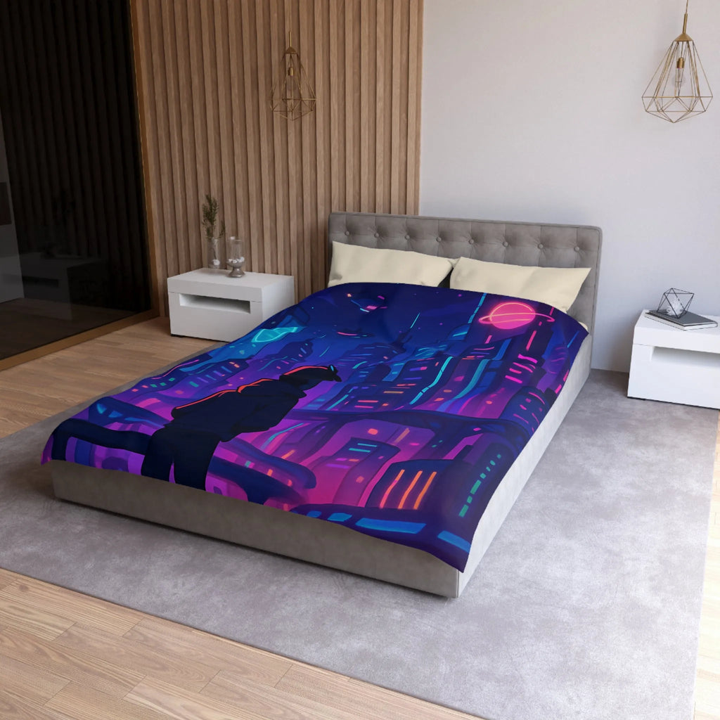 Housse de couette futuriste avec skyline néon vibrant et silhouette étoilée