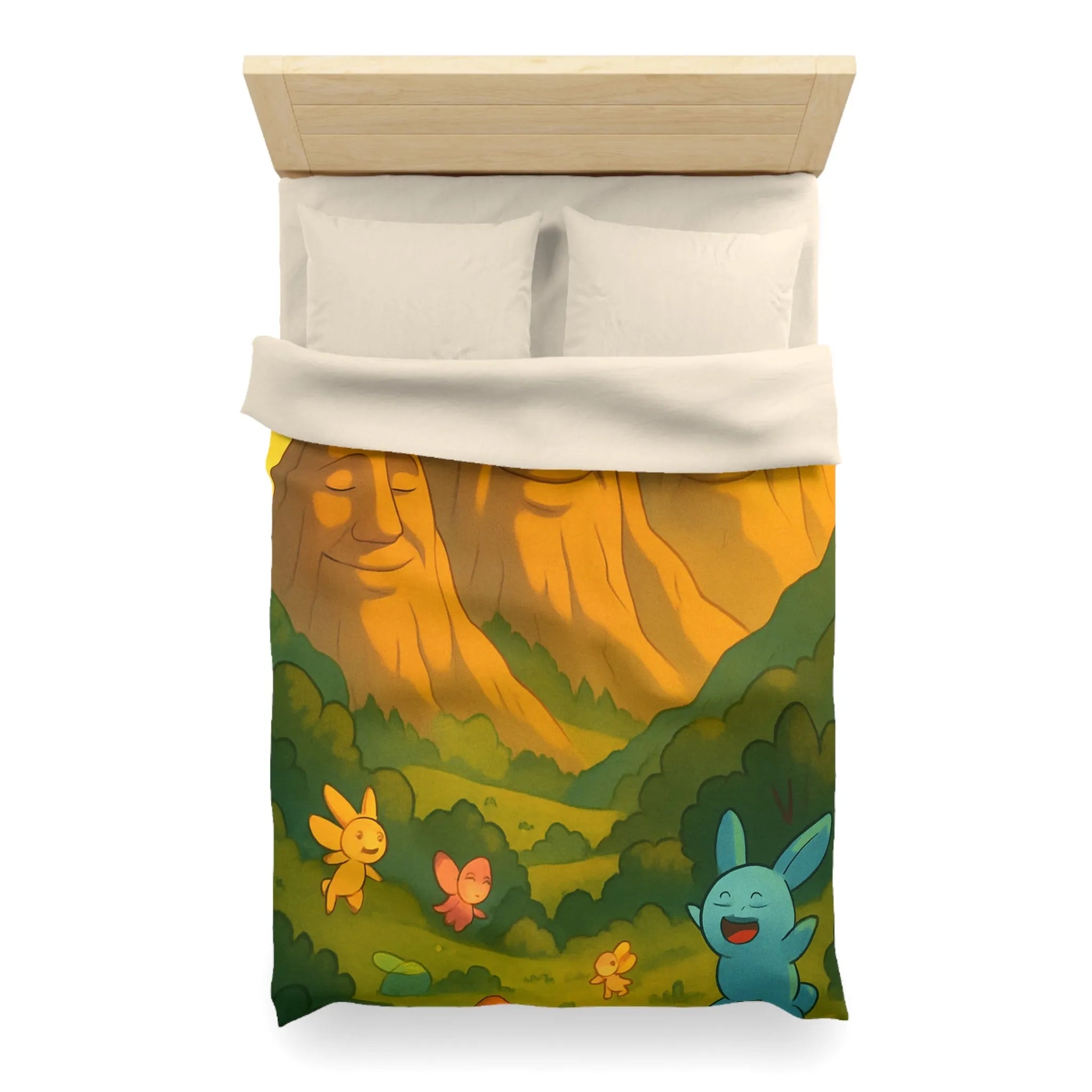 Housse de couette enfantine avec créatures en forêt sous montagnes souriantes au coucher de soleil