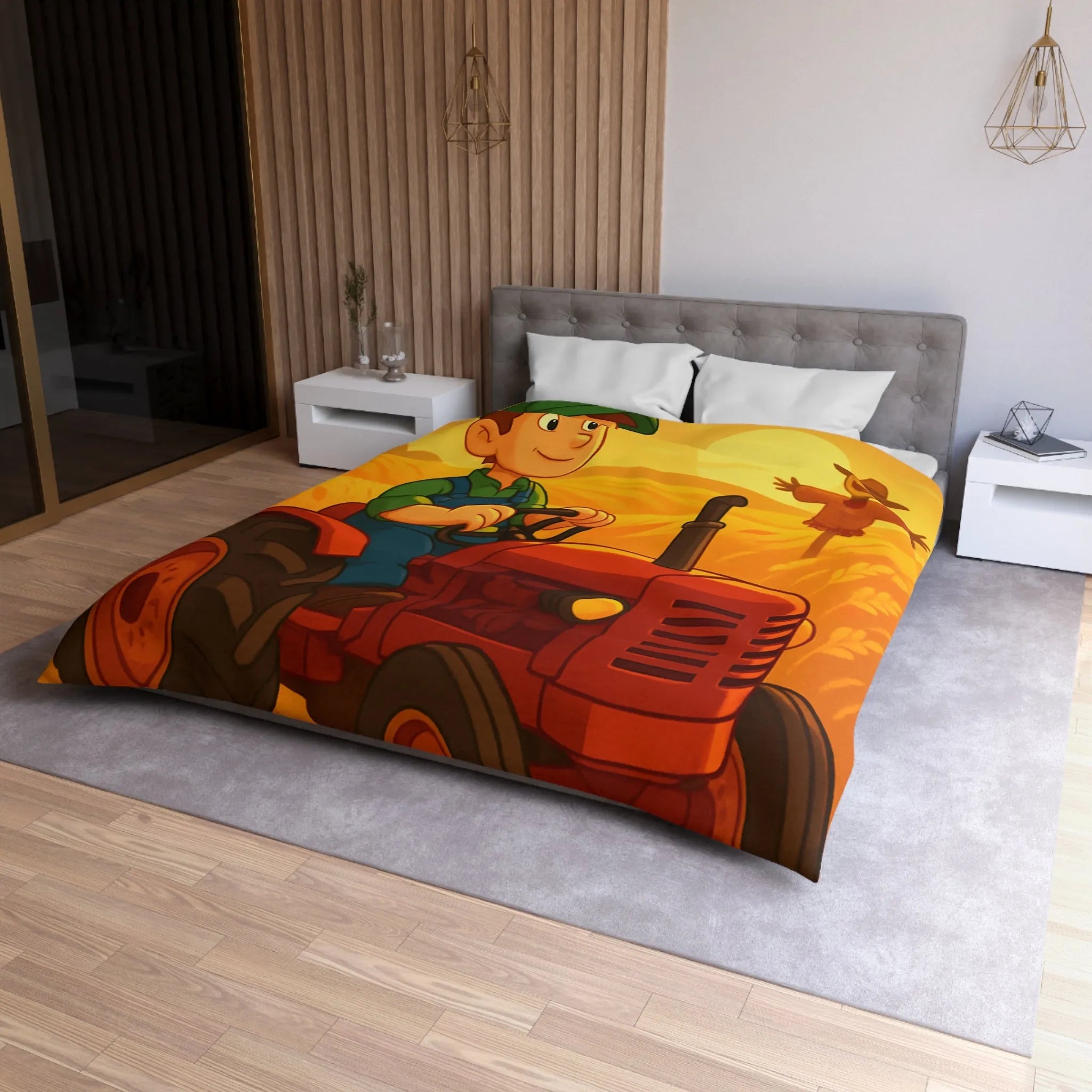 Housse de couette avec motif champêtre : tracteur, épouvantail et champ sous soleil couchant