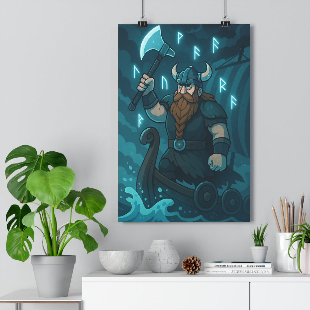 Poster décoratif guerrier nordique drakkar bleu noir épique mystique salon chambre dessin animé 30x46