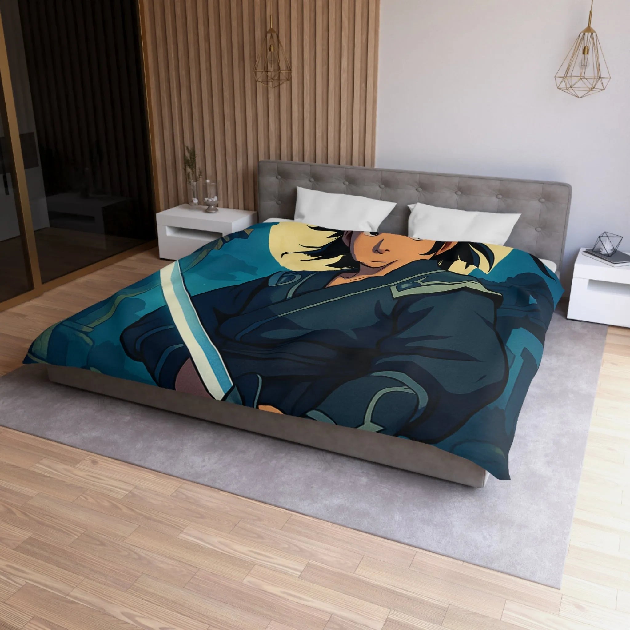 Housse de couette épique avec guerrier anime sous lune mystique et ruines anciennes