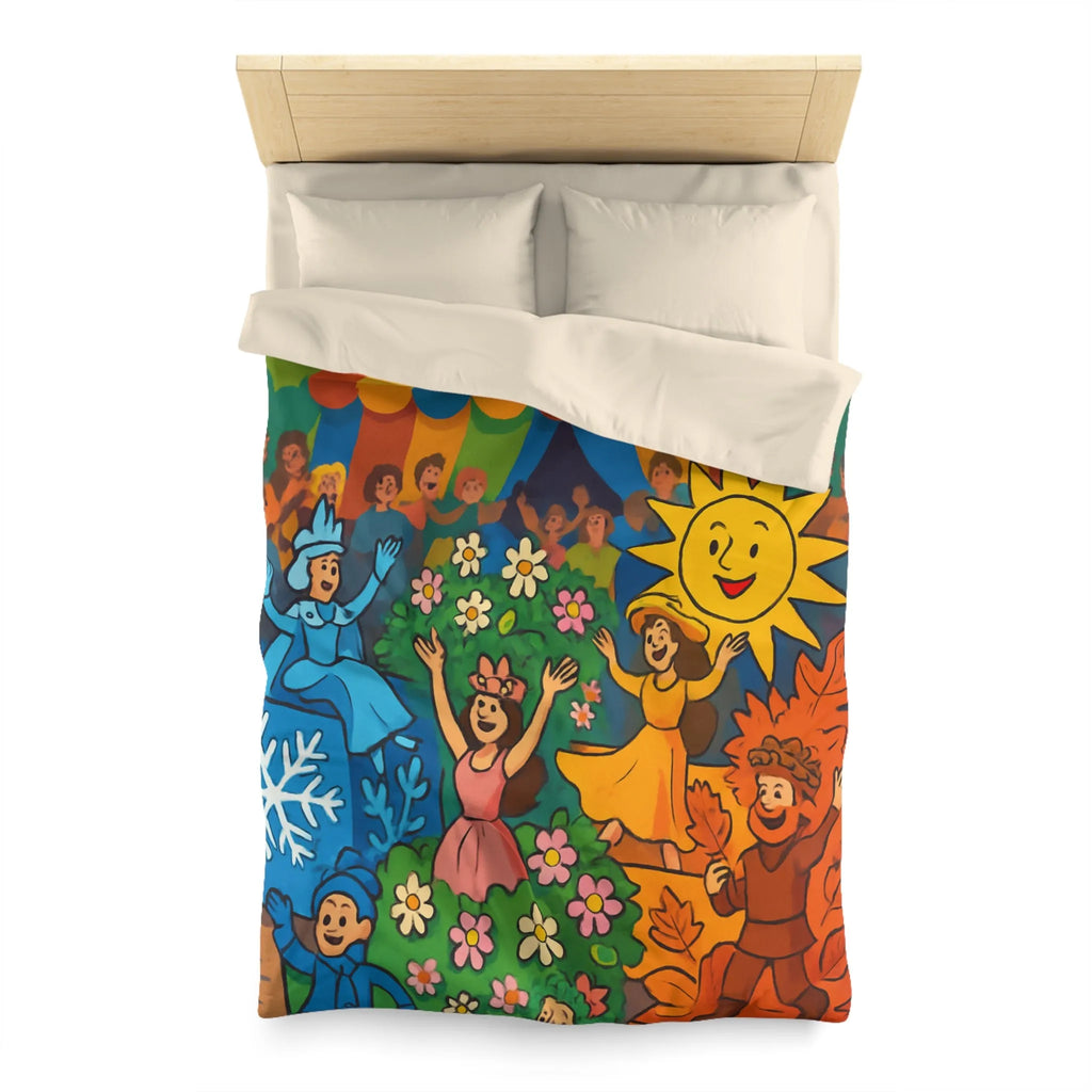 Housse de couette colorée illustrant les saisons pour chambre d'enfant joyeuse et ludique