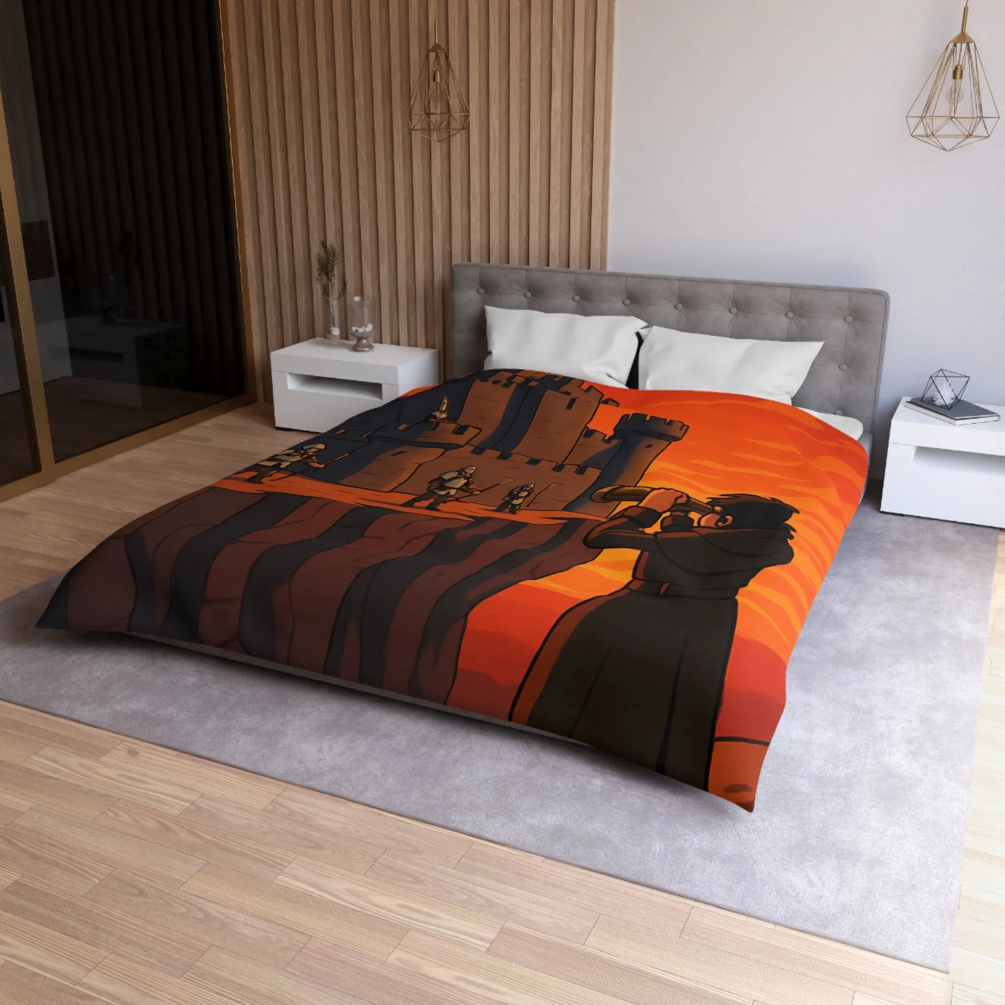 Housse de couette médiévale avec forteresse et observateur sous coucher de soleil épique