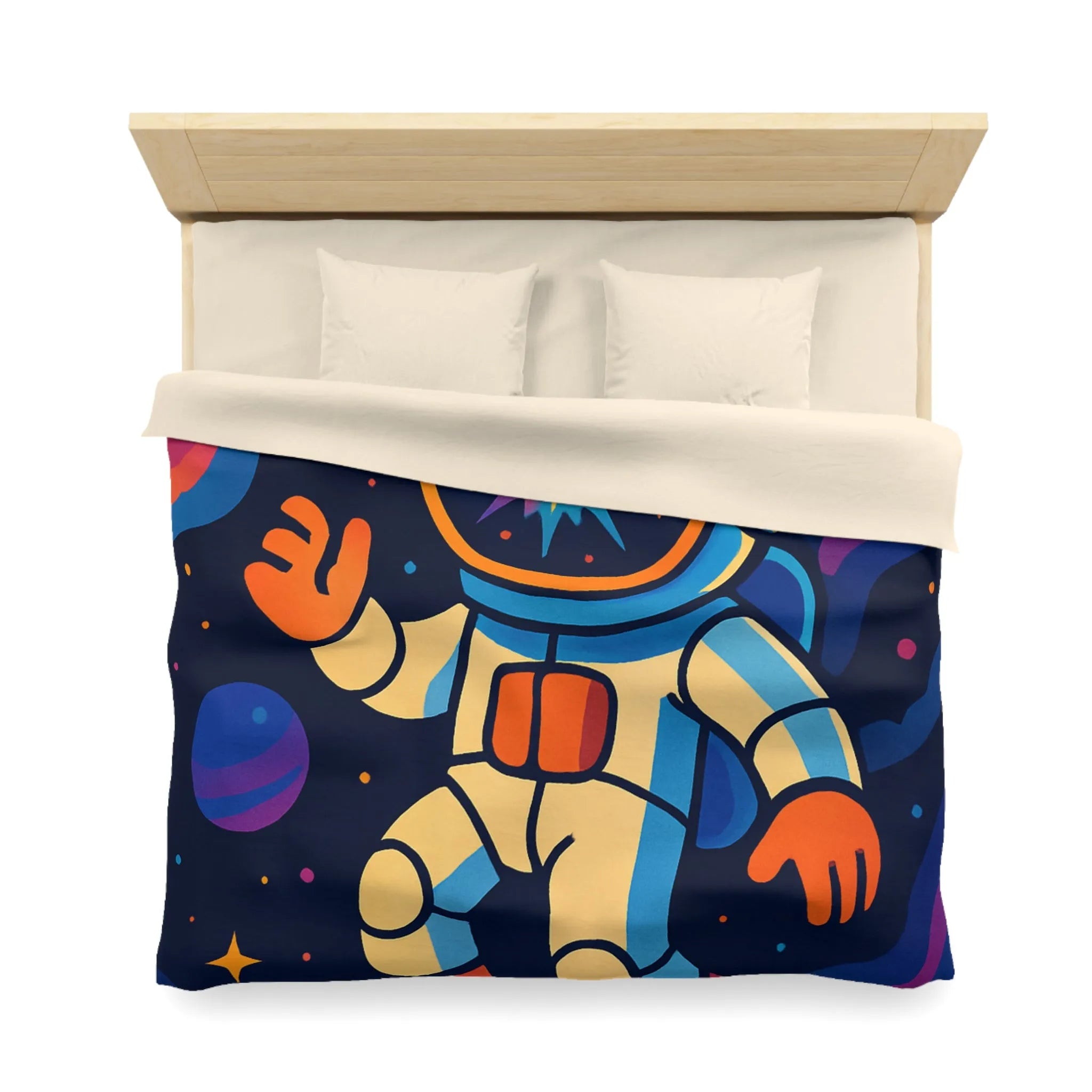 Housse de Couette Astronaute Colorée Flottant dans Cosmos Rempli de Planètes Vives et Coeurs