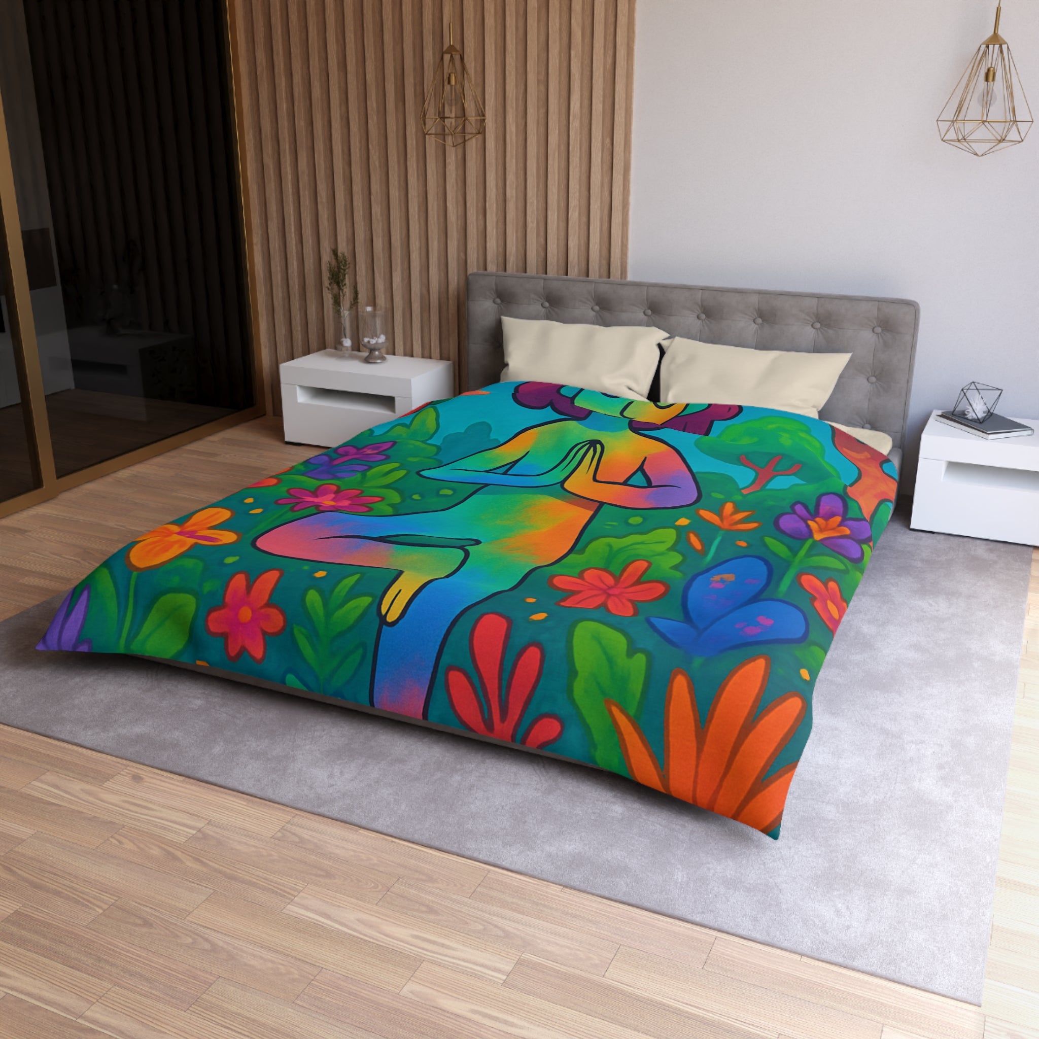 Housse de Couette avec Illustration Arc-en-Ciel d’une Personne Pratiquant le Yoga en Nature
