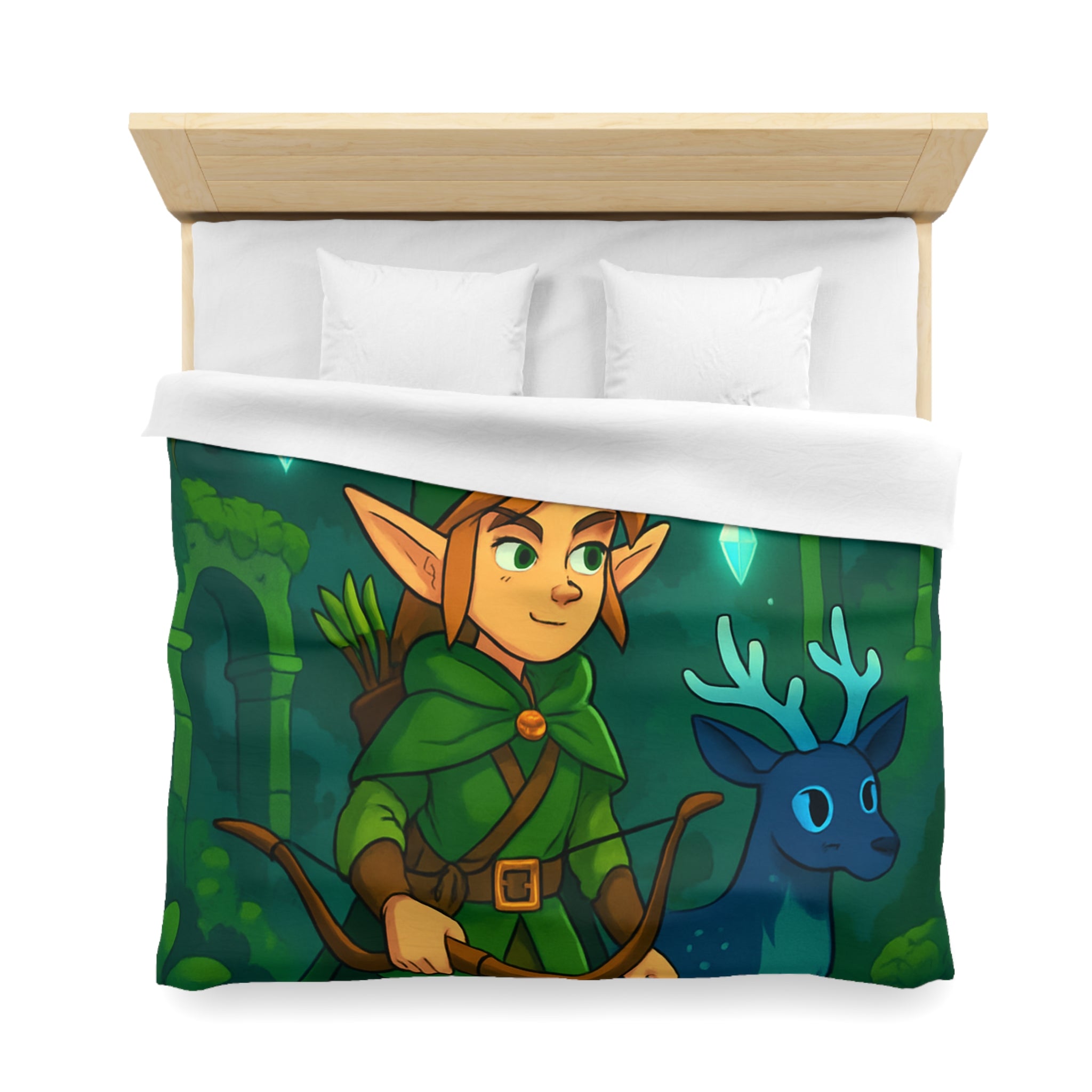 Housse de couette forêt enchantée avec lutin et cerf sous lune brillante