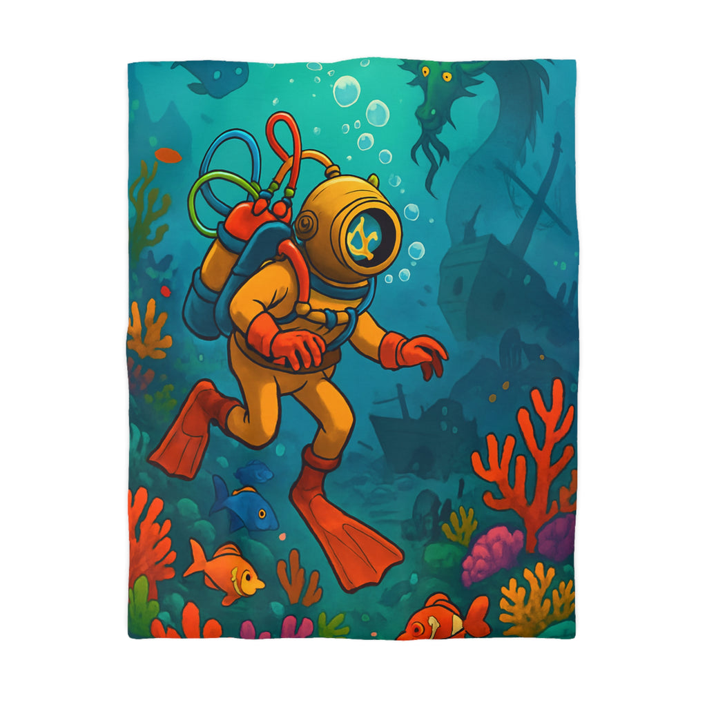 Housse de couette motif plongeur rétro dans un monde sous-marin coloré et mystérieux