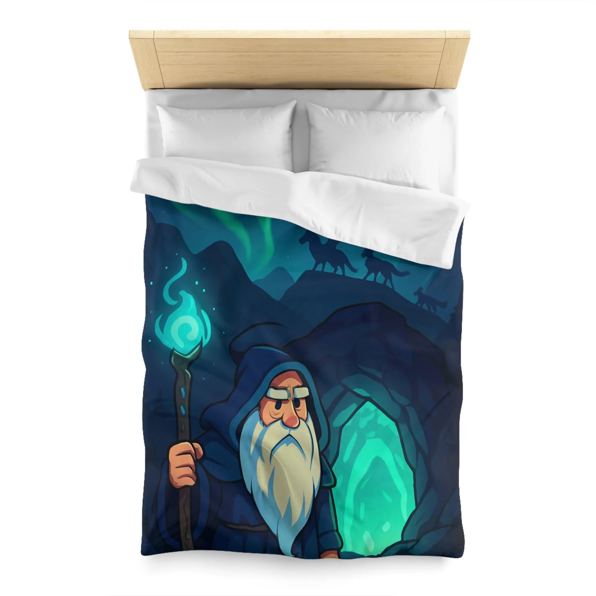 Housse de couette avec illustration de sorcier sous une aurore boréale et pleine lune