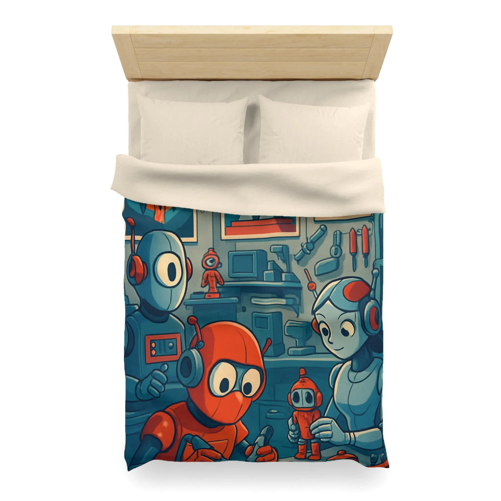 Housse de Couette Adorable Atelier de Robots pour Enfants au Look Rétro Futuriste