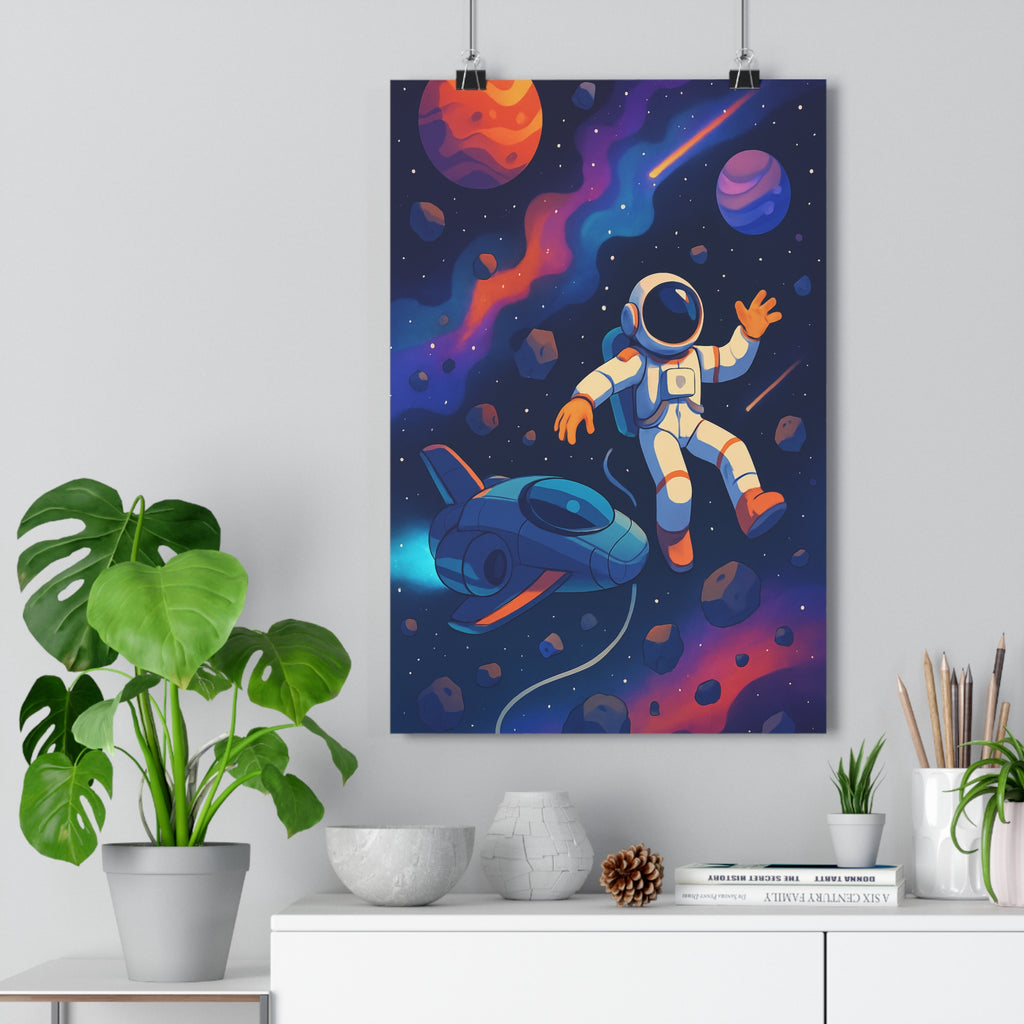 Poster décoratif aventure galactique couleurs vives bleu violet orange cartoon ludique enfant chambre astronaute